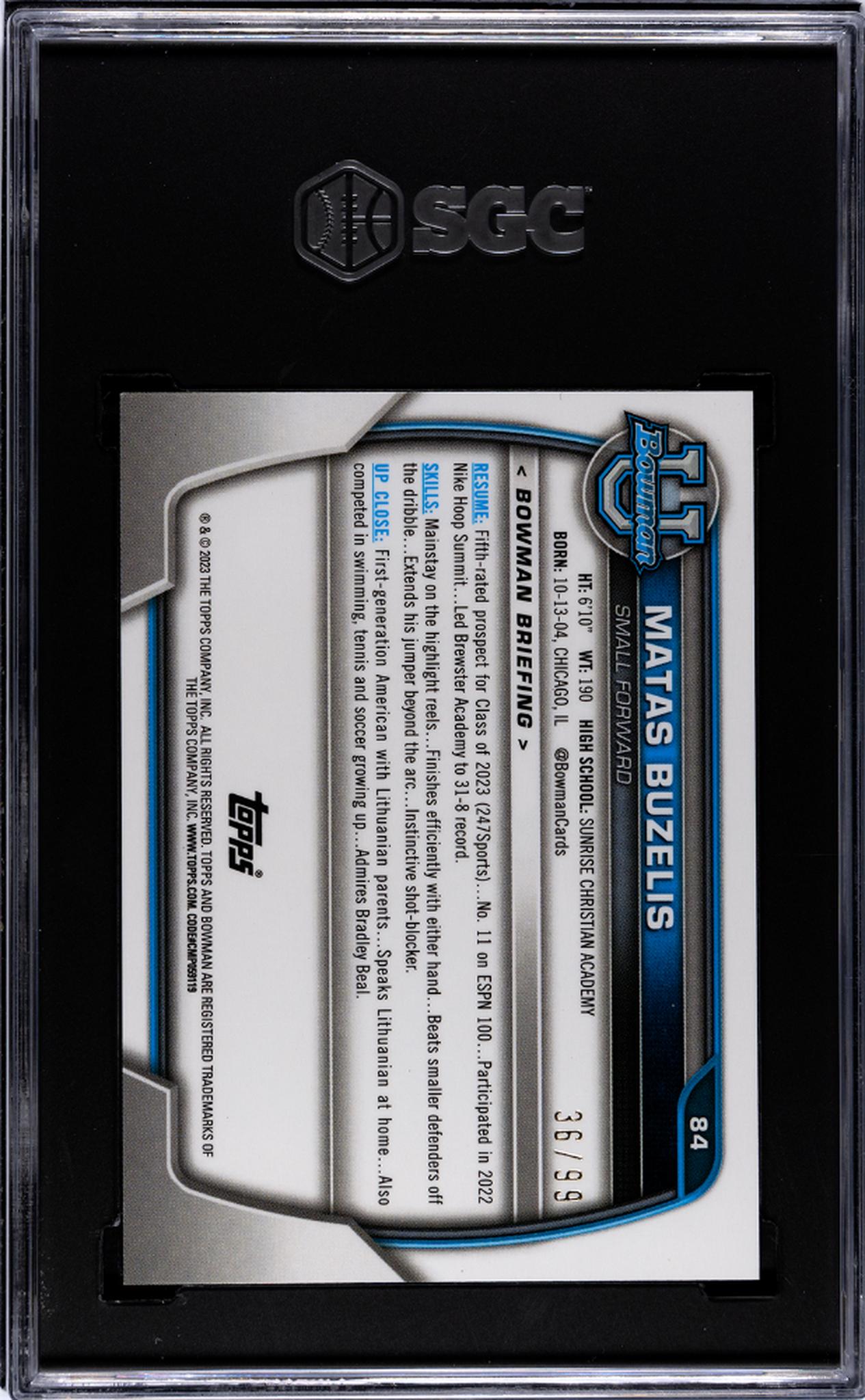 2022-23 Topps Bowman U Chrome Green Shimmer Refractor Matas Buzelis #84/99 SGC 8