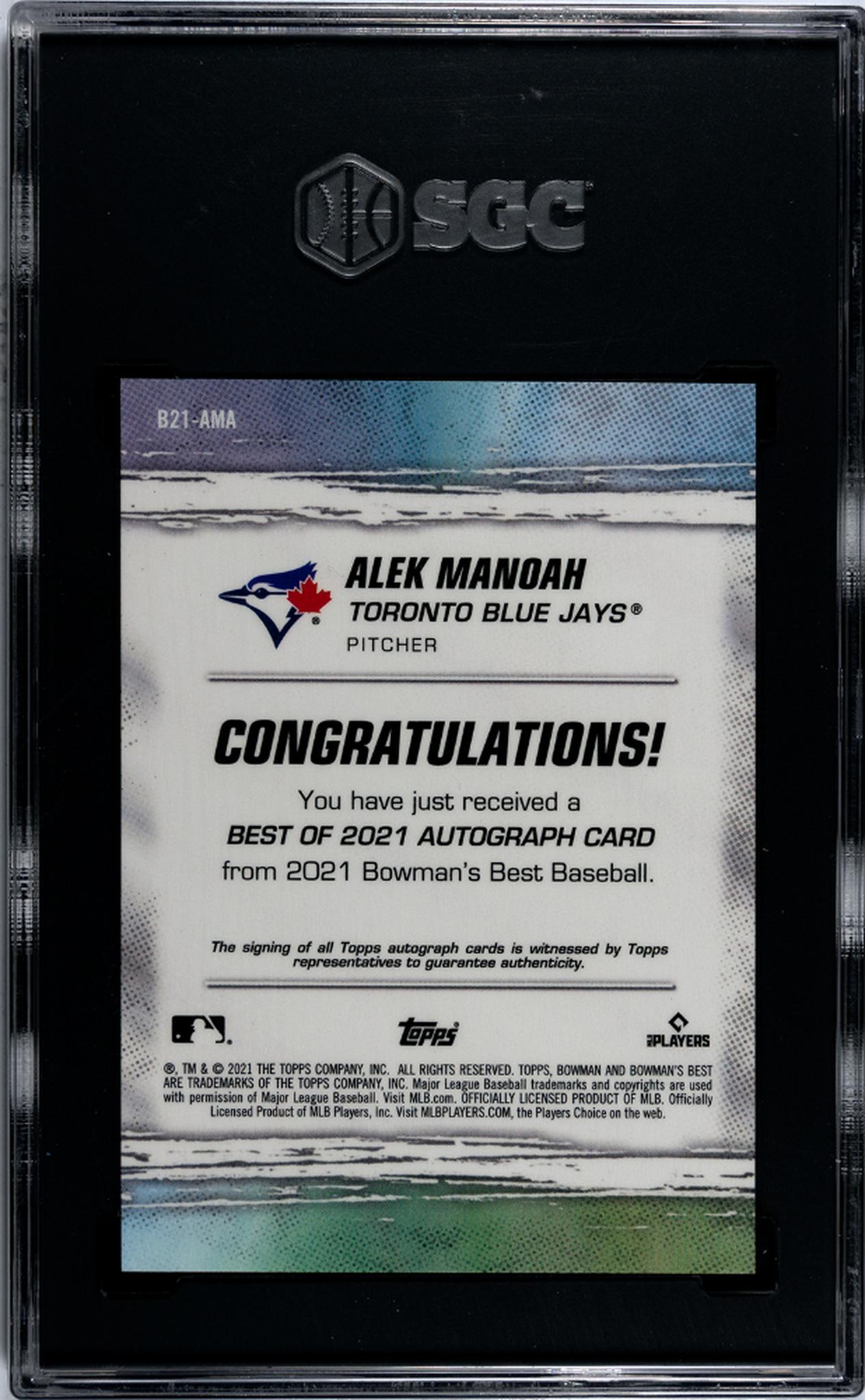 2021 Topps Bowman's Best Best of '21 Alek Manoah #B21-AMA RC Auto SGC 10 Auto 10