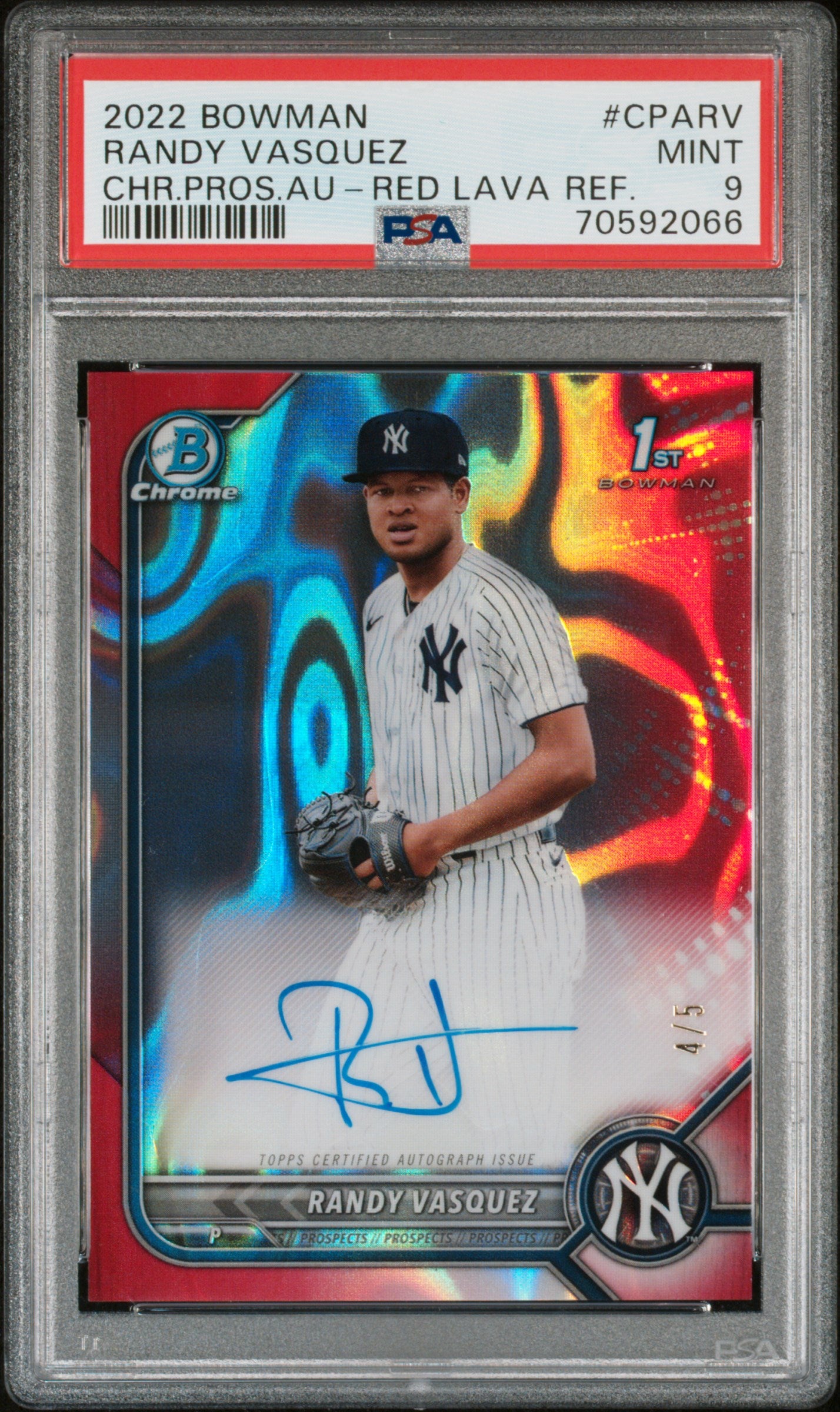 2022 Bowman #CPA-RV Randy Vasquez CHR.PRO.AU - RED LAVA REF. /5 PSA 9