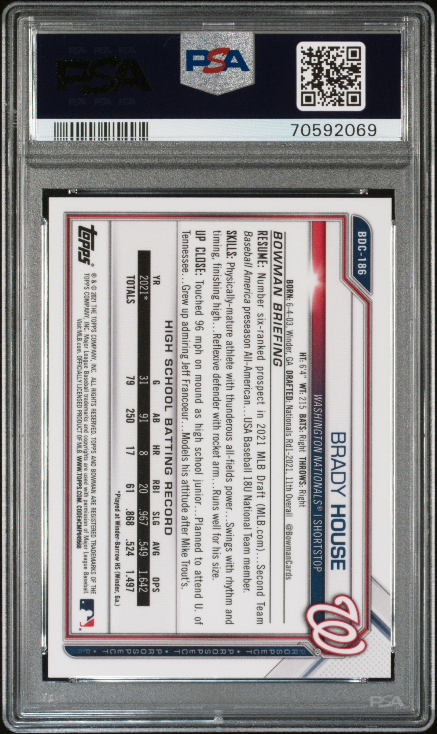 2021 Topps Bowman Draft Chrome Green Sparkle Ref Brady House #BDC-186 /99 PSA 9