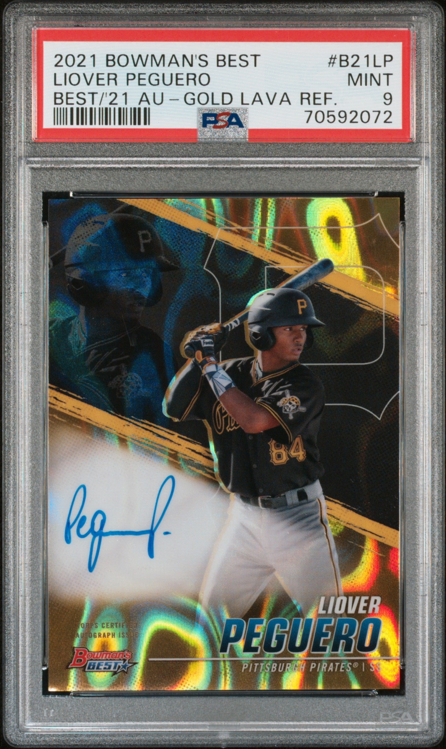 2021 Topps Bowman's Best Gold Lava Ref Liover Peguero #B21-LP Auto /75 PSA 9