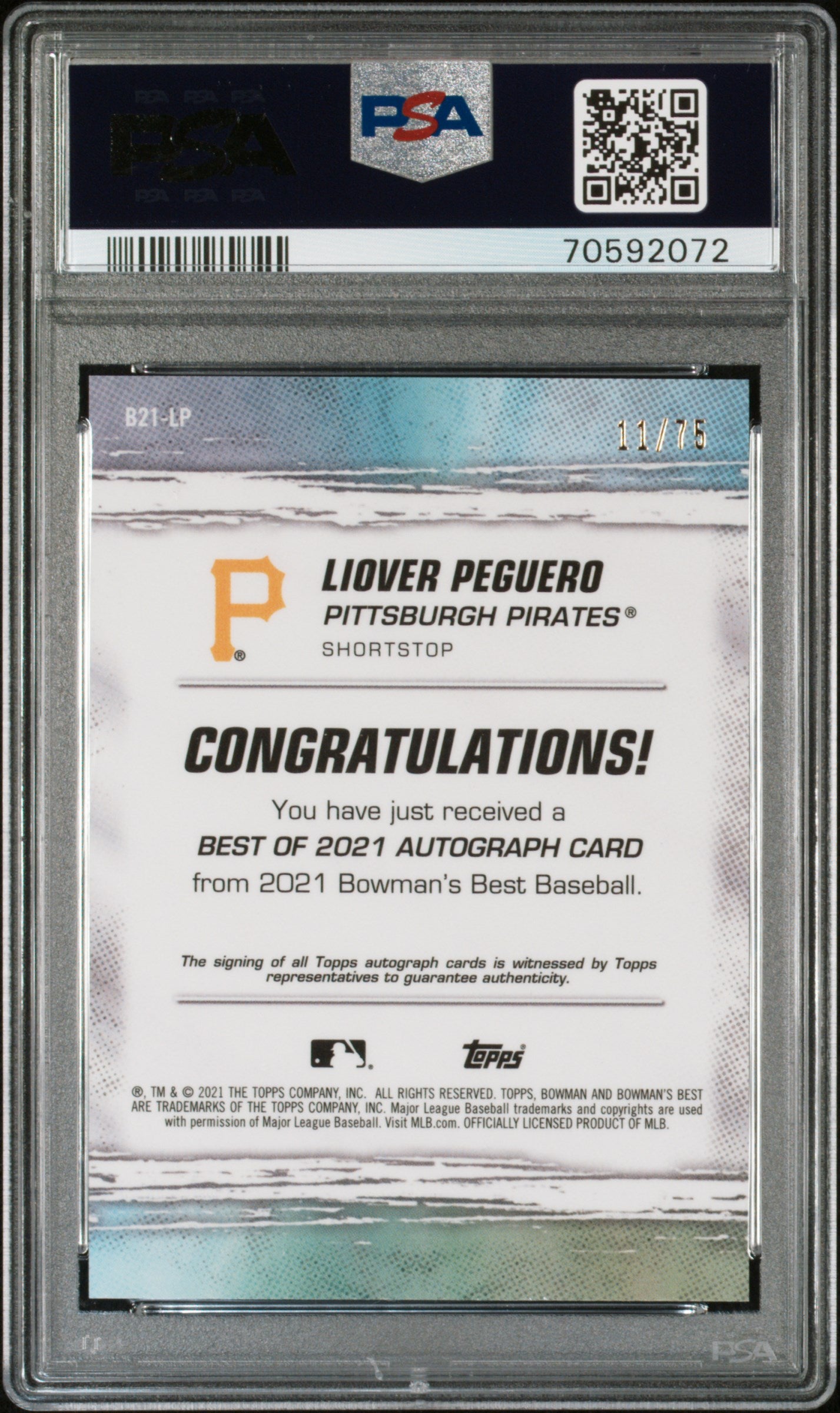 2021 Topps Bowman's Best Gold Lava Ref Liover Peguero #B21-LP Auto /75 PSA 9
