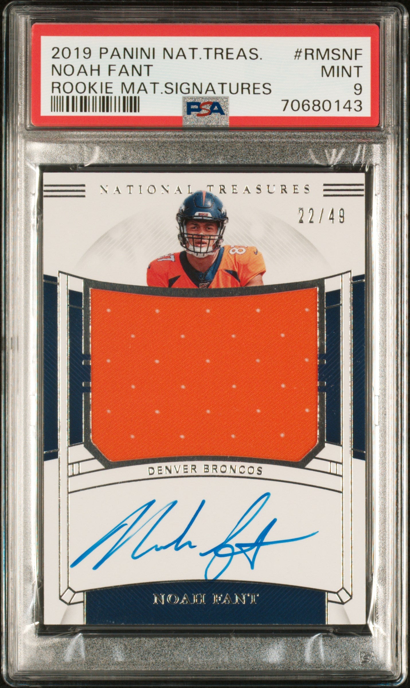 2019 National Treasures Rookie Material Signatures Rps Noah Fant #RMSNF /49 PSA 9