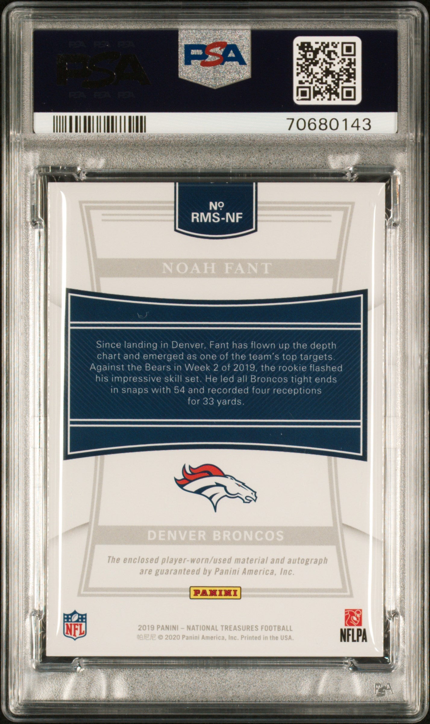 2019 National Treasures Rookie Material Signatures Rps Noah Fant #RMSNF /49 PSA 9