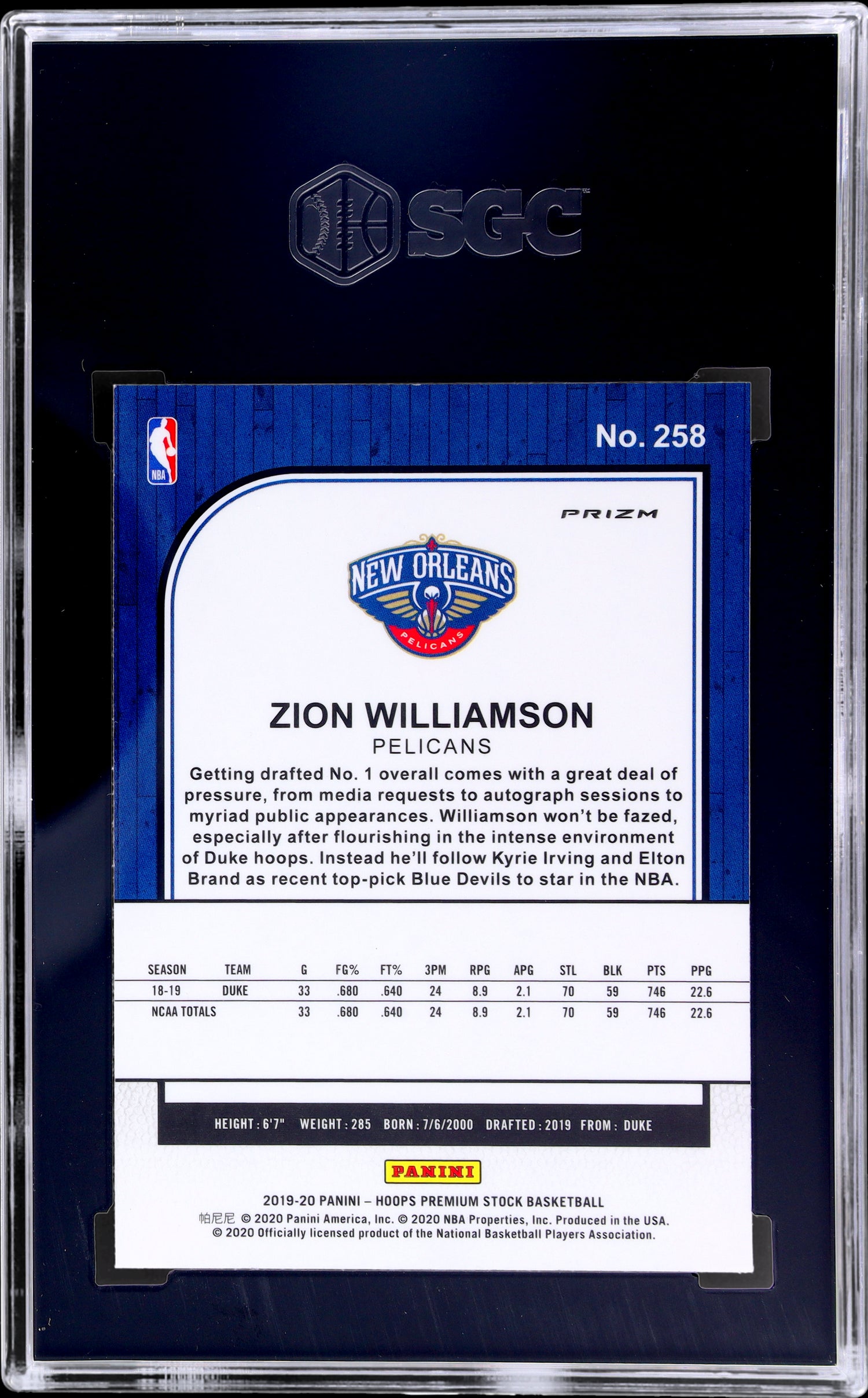 2019-20 Panini Hoops Premium Stock #258 Zion Williamson Silver Laser Prizm SGC 9.5