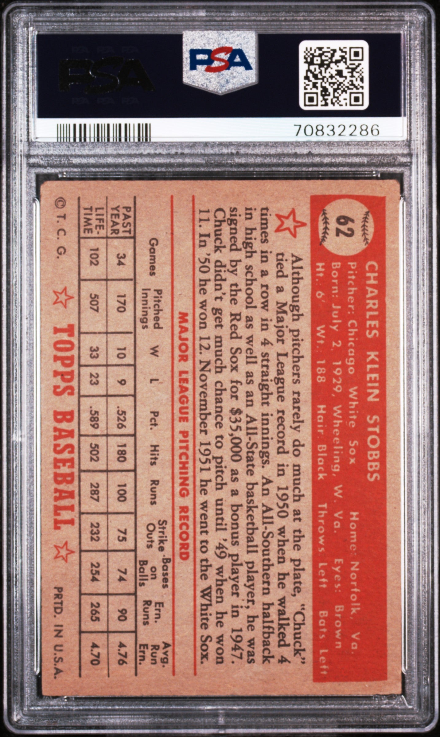 1952 Topps Chuck Stobbs #62 PSA 3