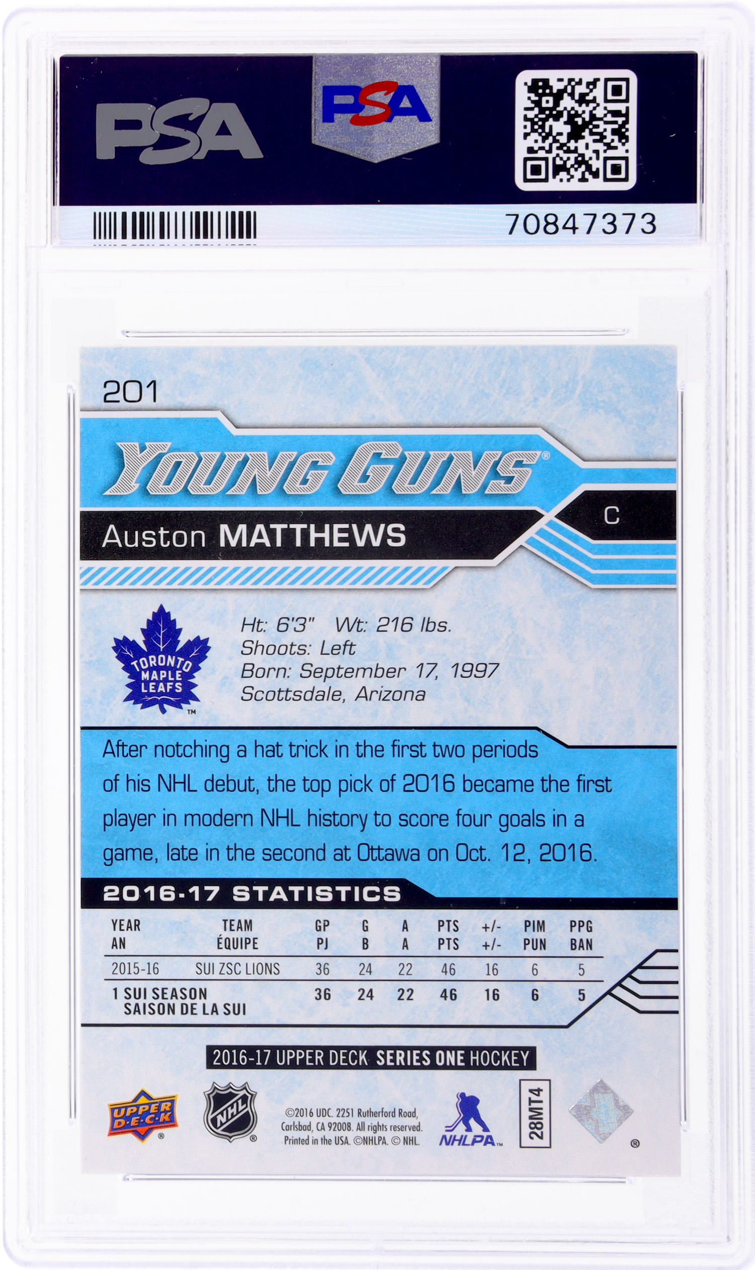2016 Upper Deck Young Guns Auston Matthews #201 PSA 9