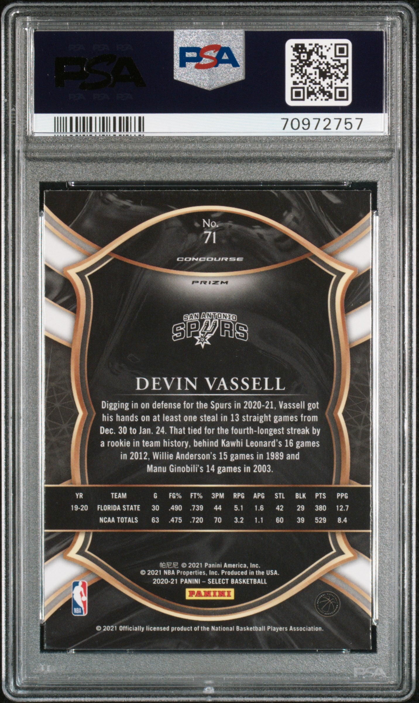 2020 Panini Select #71 Devin Vassell Courtside Gold Wave Prizm PSA 10