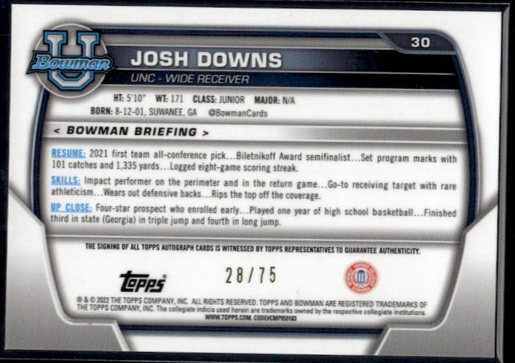 2022 Bowman Josh Downs Auto /75 #30 