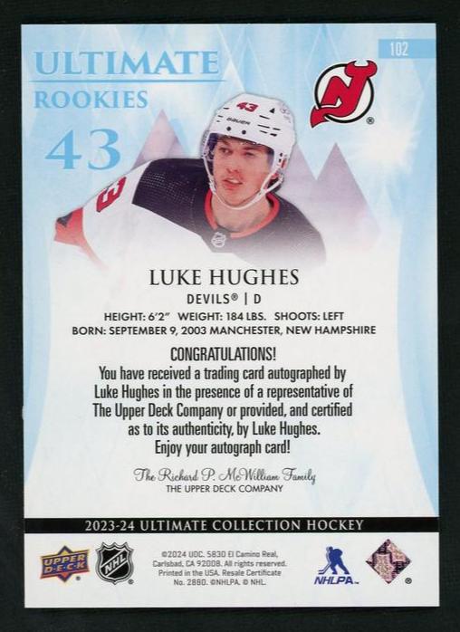 2023 Upper Deck Ultimate Collection 102 Luke Hughes Ultimate Rookies Rookie /99 Devils Auto
