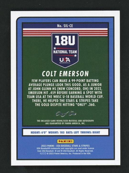 2023 Panini USA Baseball Stars & Stripes SIL-CE Colt Emerson Silhouettes Rookie USA National Team Auto