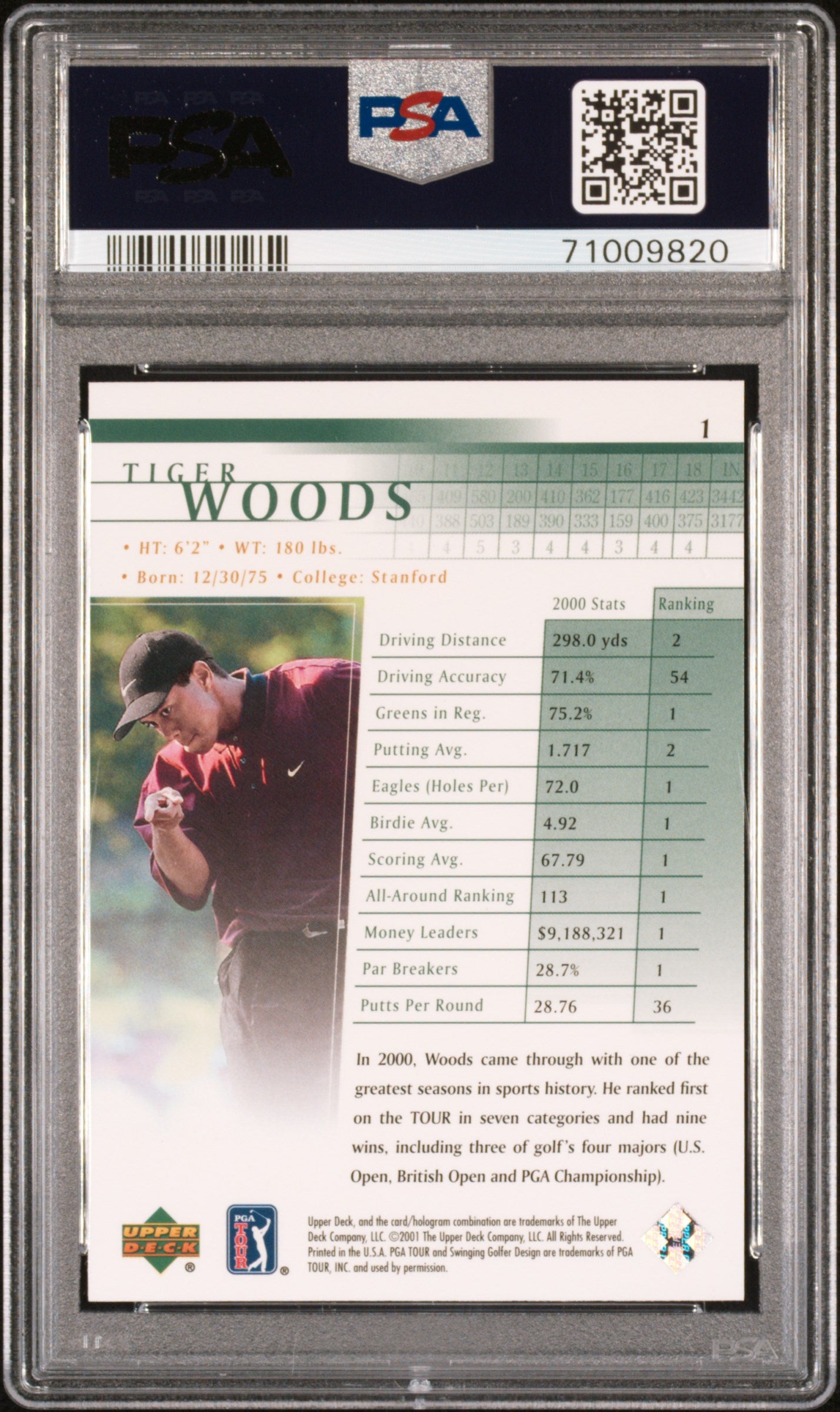 2001 Upper Deck Golf Tiger Woods #1 PSA 9