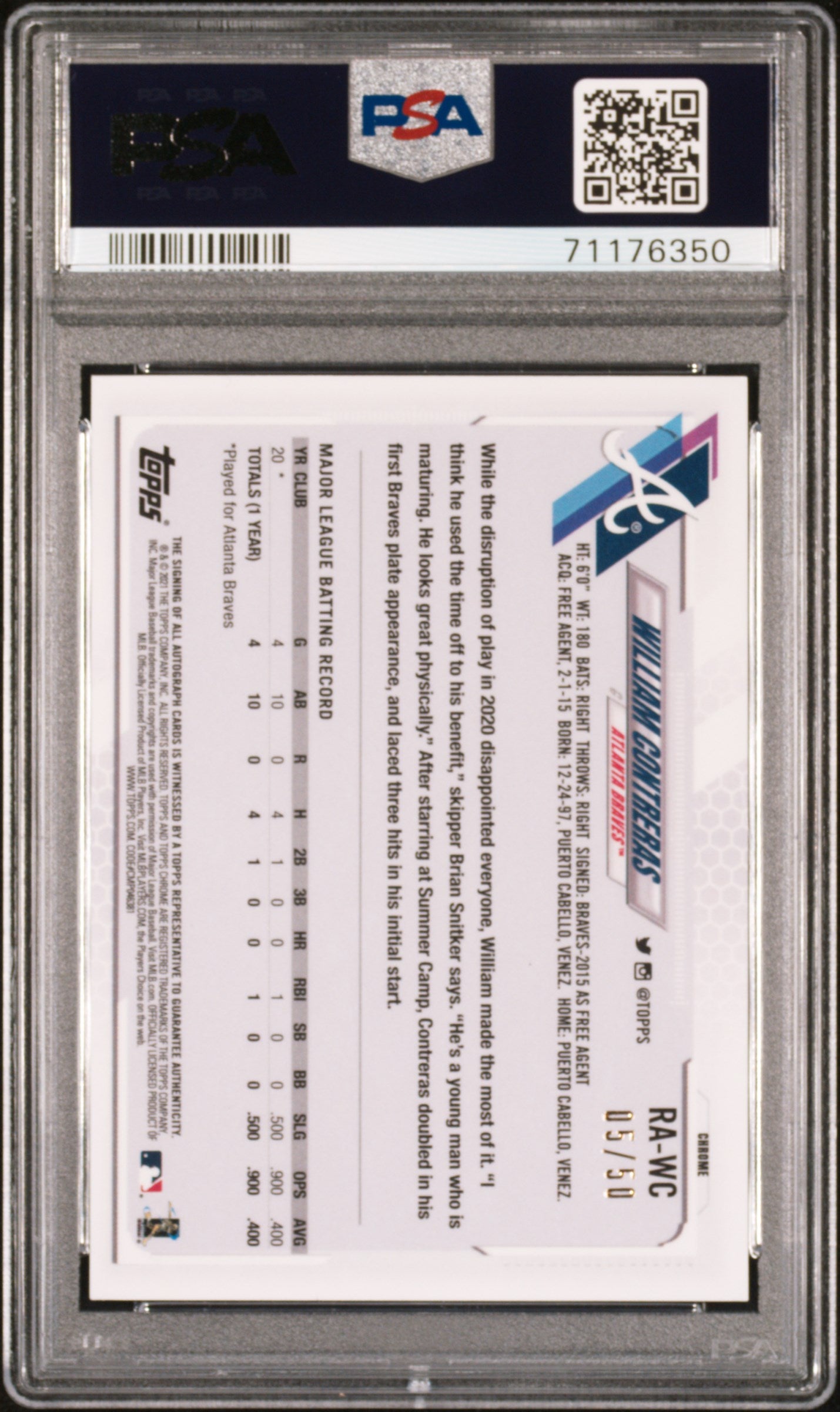 2021 Topps Chrome #RAWC William Contreras Rookie Autograph Gold Refractor /50 PSA 10