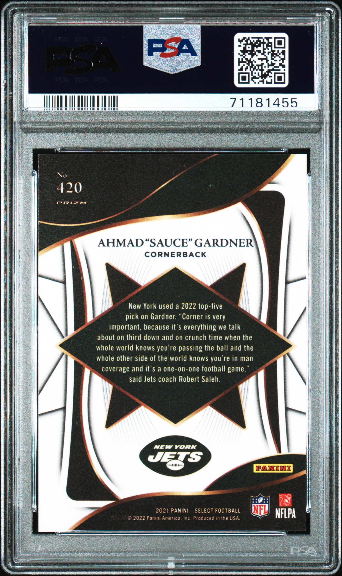 2021 Panini Select Silver Prizm Ahmad Sauce Gardner #420 RC PSA 10
