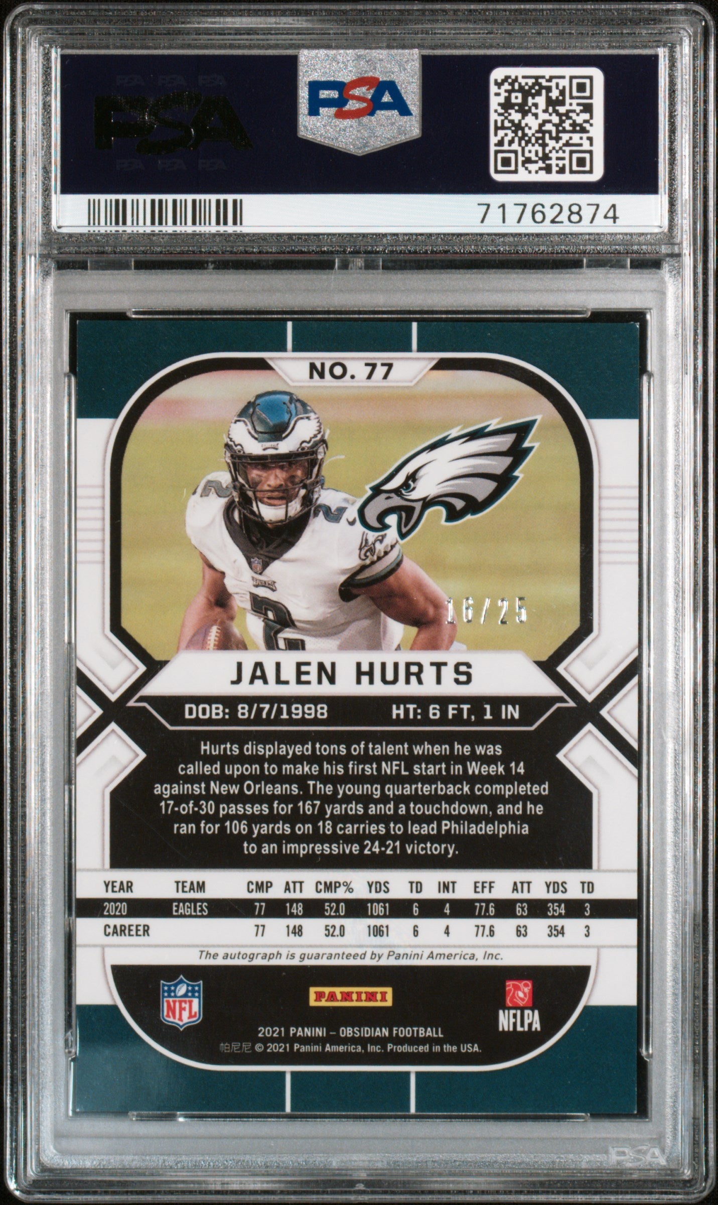 2021 Panini Obsidian Autograph Jalen Hurts #77 /25 PSA 9