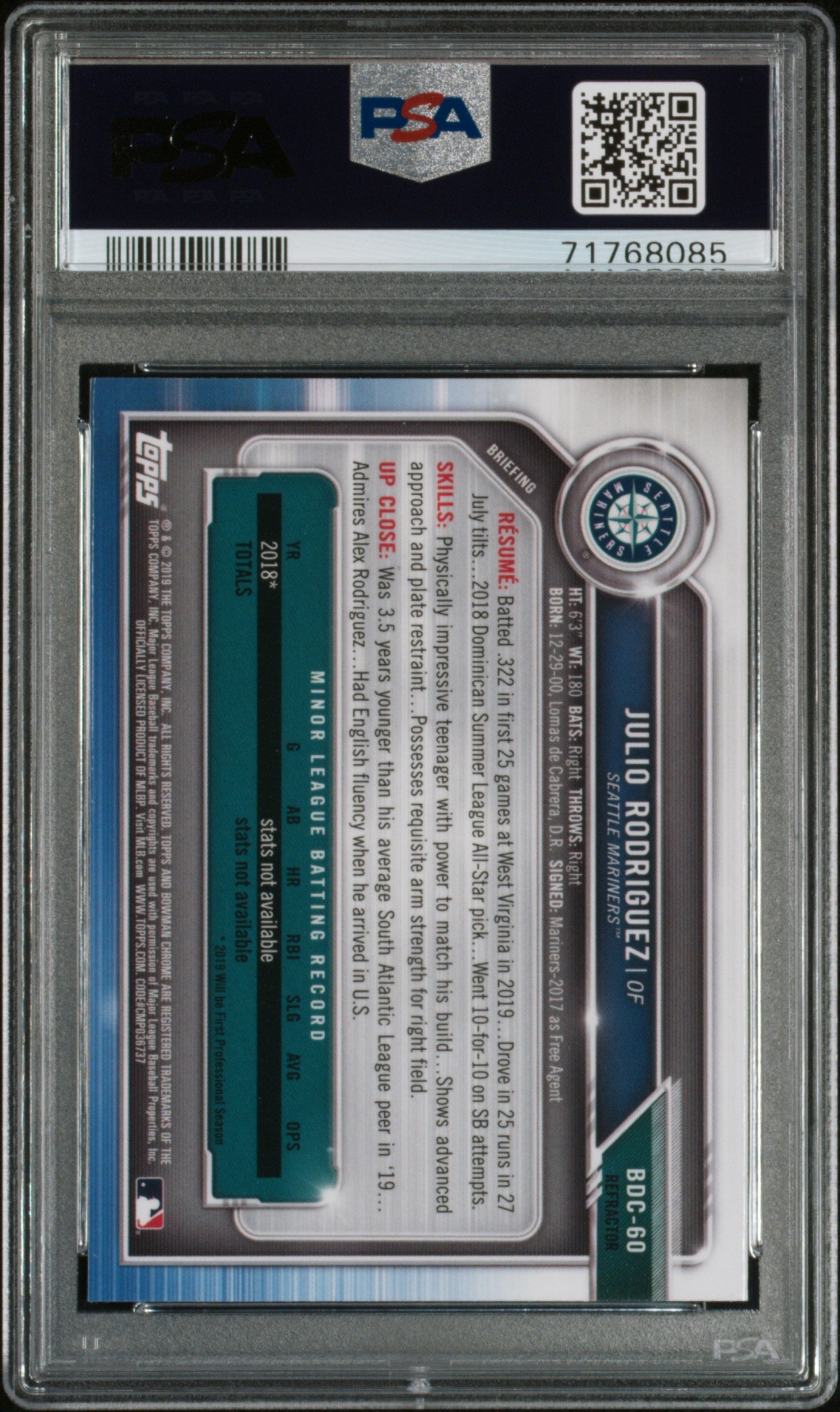 2019 Bowman Chrome Draft Refractor Julio Rodriguez #BDC60 PSA 9