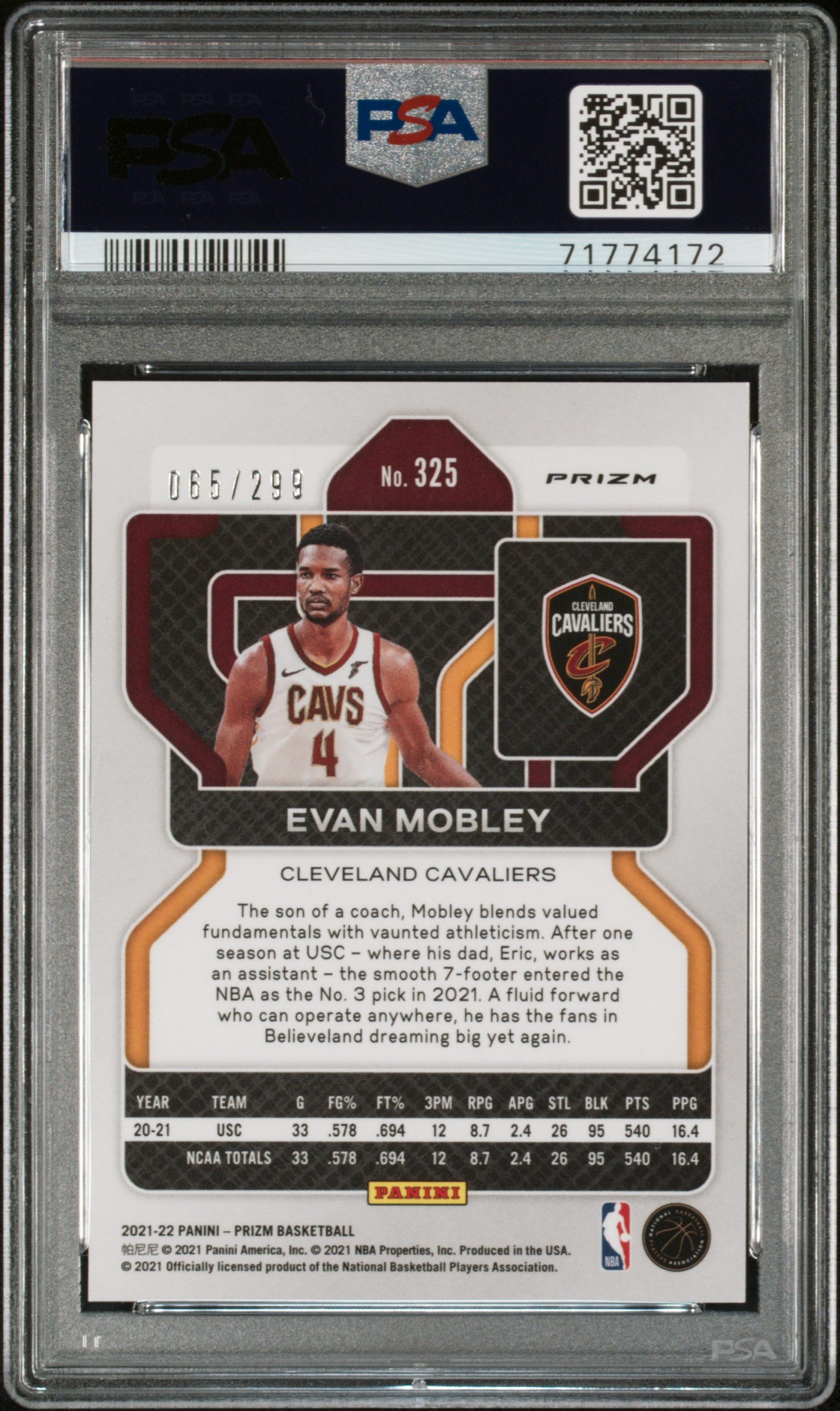 2021 Panini Prizm Red Prizm Evan Mobley #325 RC /299 PSA 9