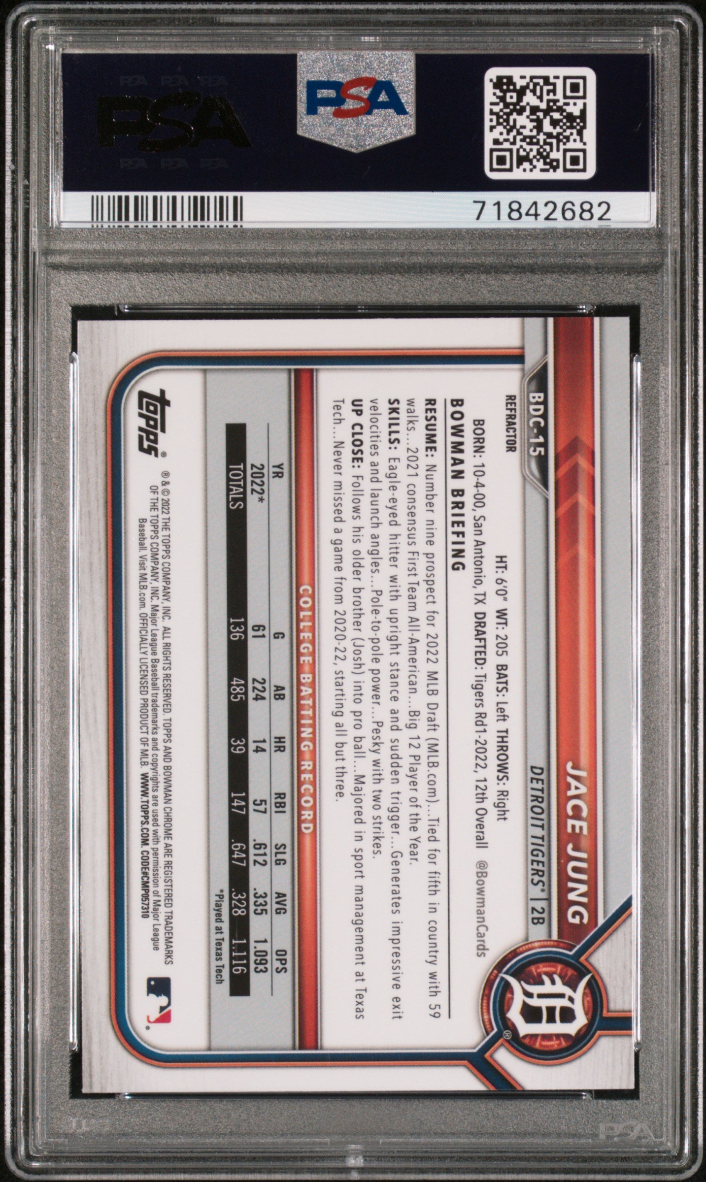 2022 Bowman Chrome #BDC-15 Jace Jung Refractor PSA 10