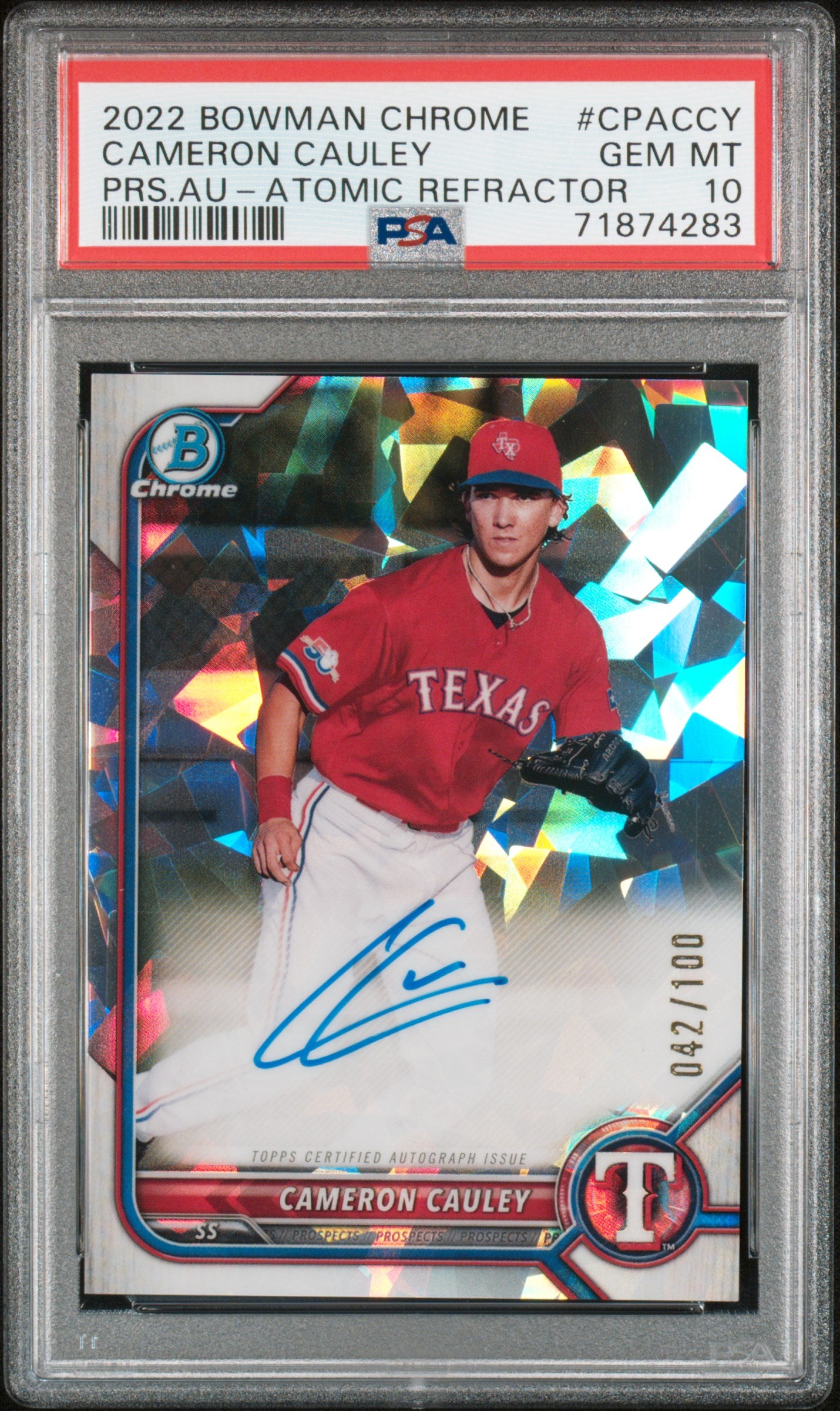 2022 Bowman Chrome #CPACCY Cameron Cauley Atomic Refractor /100 PSA 10