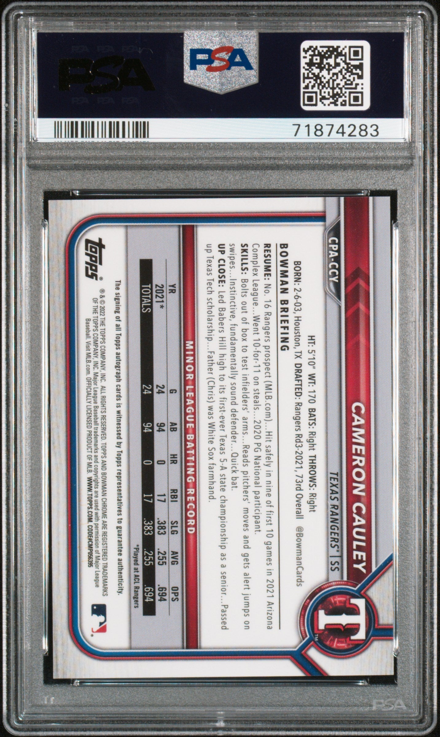 2022 Bowman Chrome #CPACCY Cameron Cauley Atomic Refractor /100 PSA 10