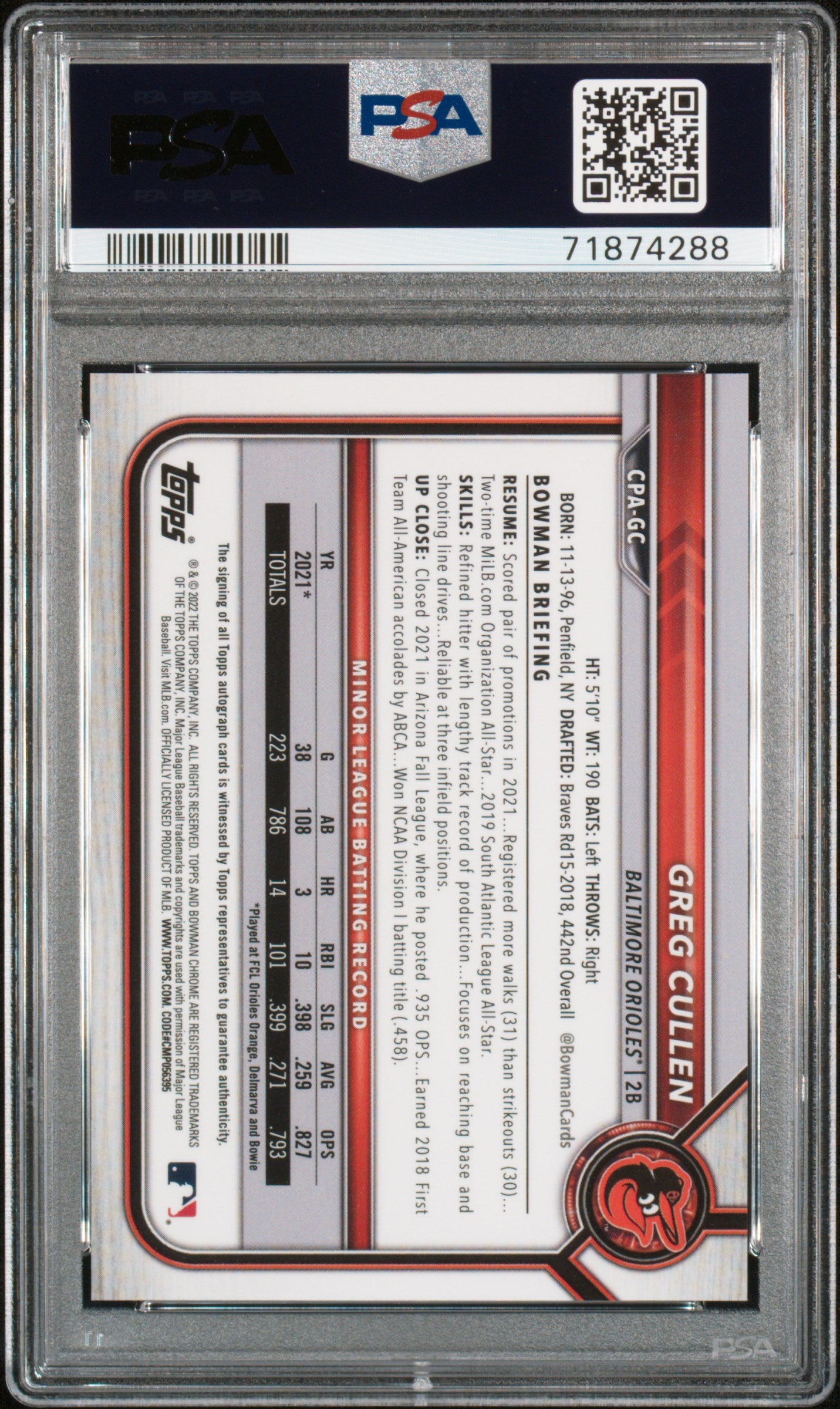 2022 Bowman Chrome #CPAGC Greg Cullen Prospect Autograph Auto PSA 10