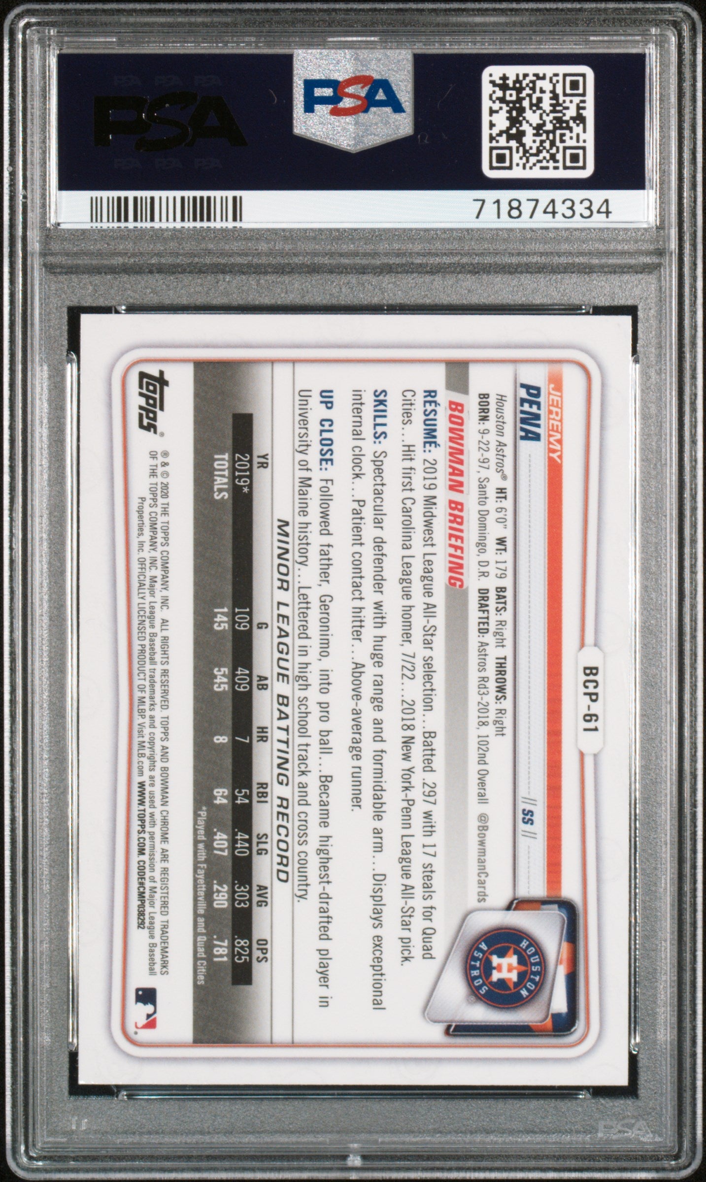 2020 Bowman Chrome #BCP-61 Jeremy Pena Prospects PSA 10