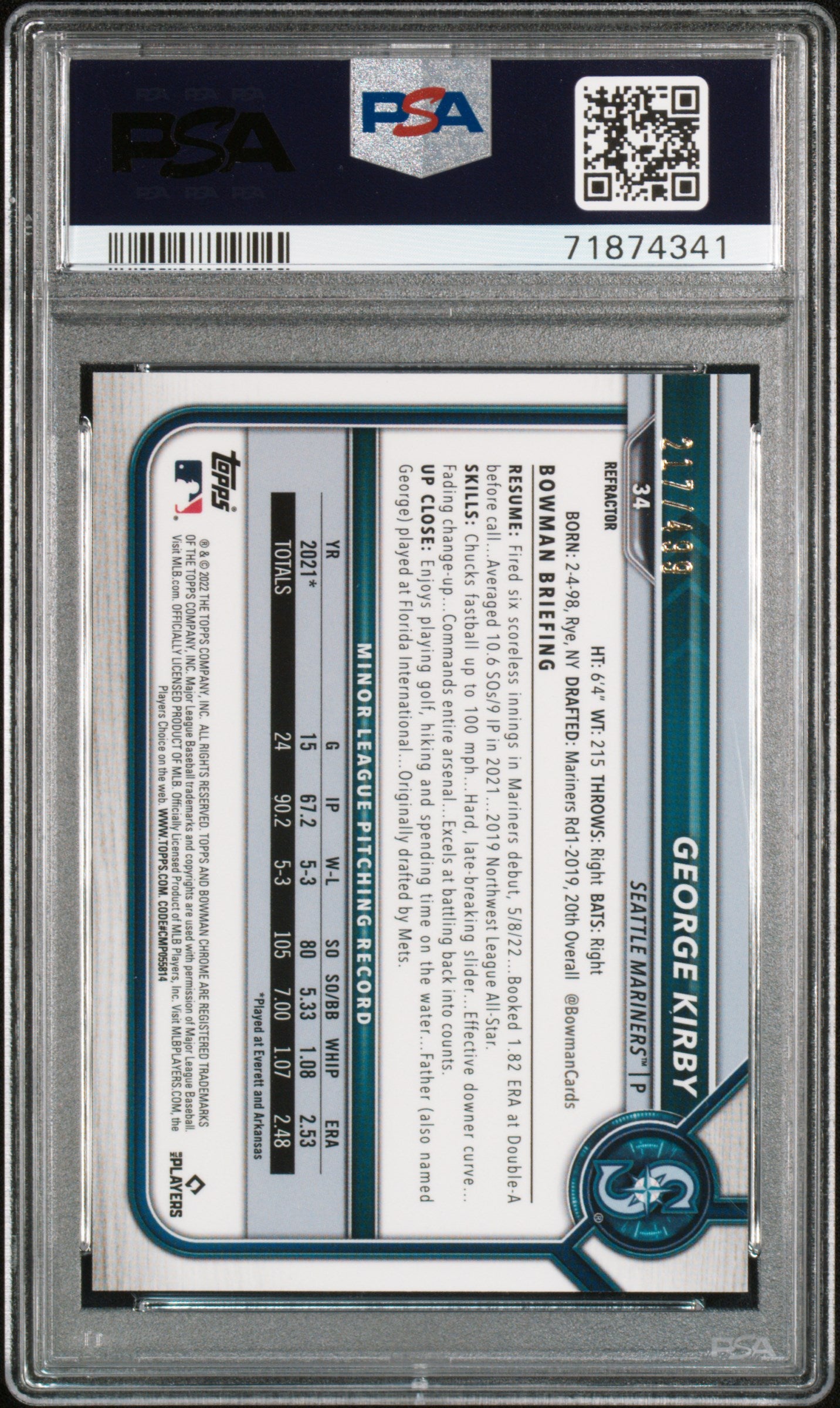 2022 Bowman Chrome #34 George Kirby Refractor PSA 10