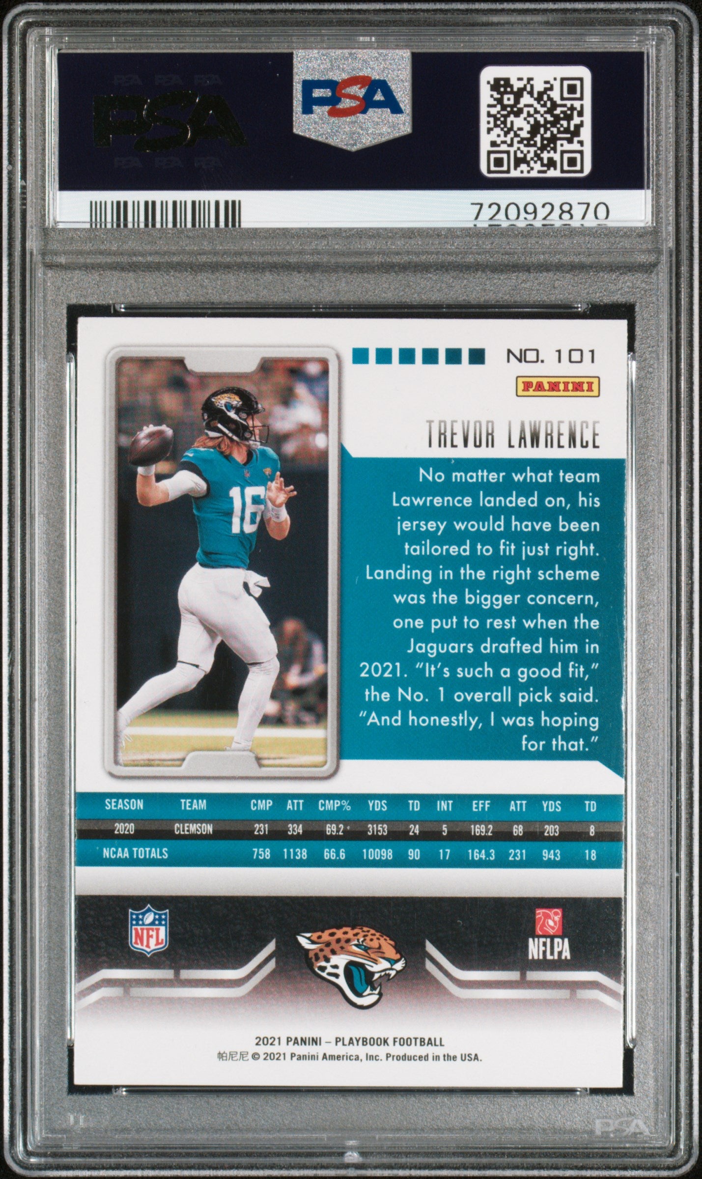 2021 Panini Playbook Holo Trevor Lawrence #101 RC PSA 10