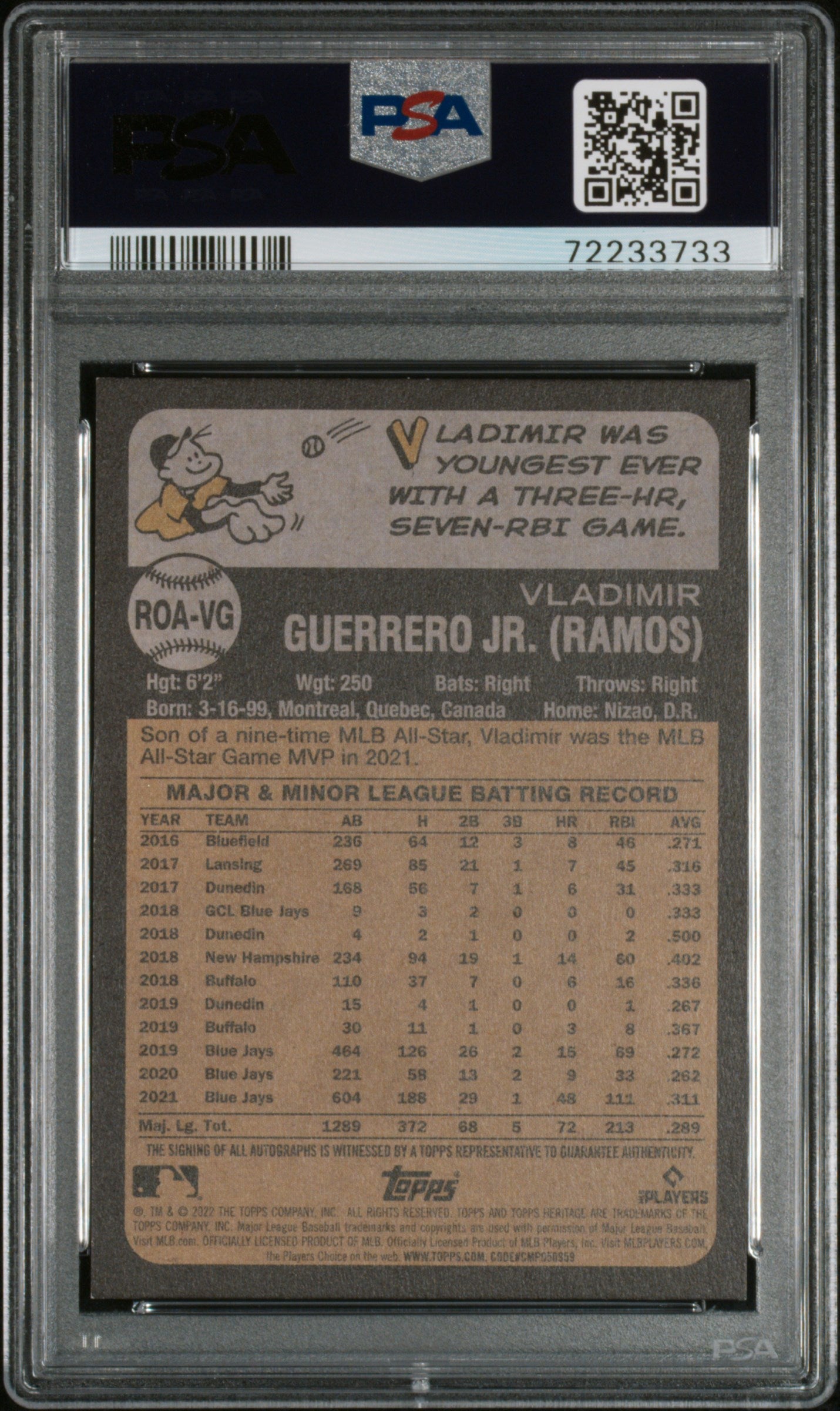 2022 Topps Heritage Real One Autographs Red Ink Vladimir Guerrero Jr. #ROAVG /73 PSA 8