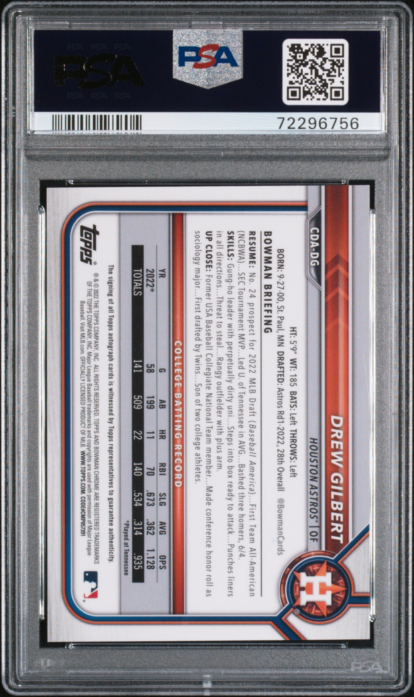 2022 Bowman Draft Chrome Draft Pick Autographs #CDADG Drew Gilbert Black & White Raywave Refractor PSA 9