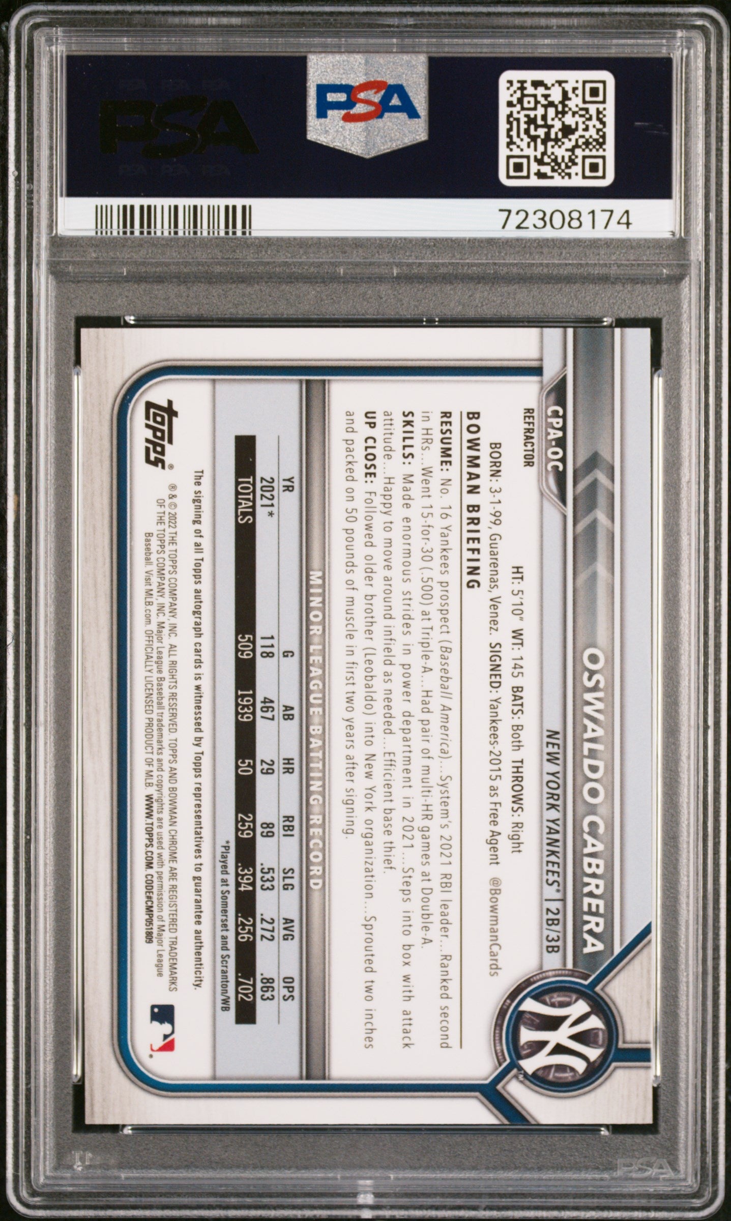 2022 Bowman 1st Chrome Auto Refractor /499 #CPA-OC Oswaldo Cabrera PSA 10/10