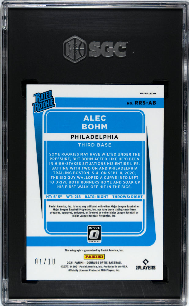2021 Panini Donruss Optic Gold Prizm Alec Bohm #RRS-AB RC Auto /10 SGC 9 Auto 10