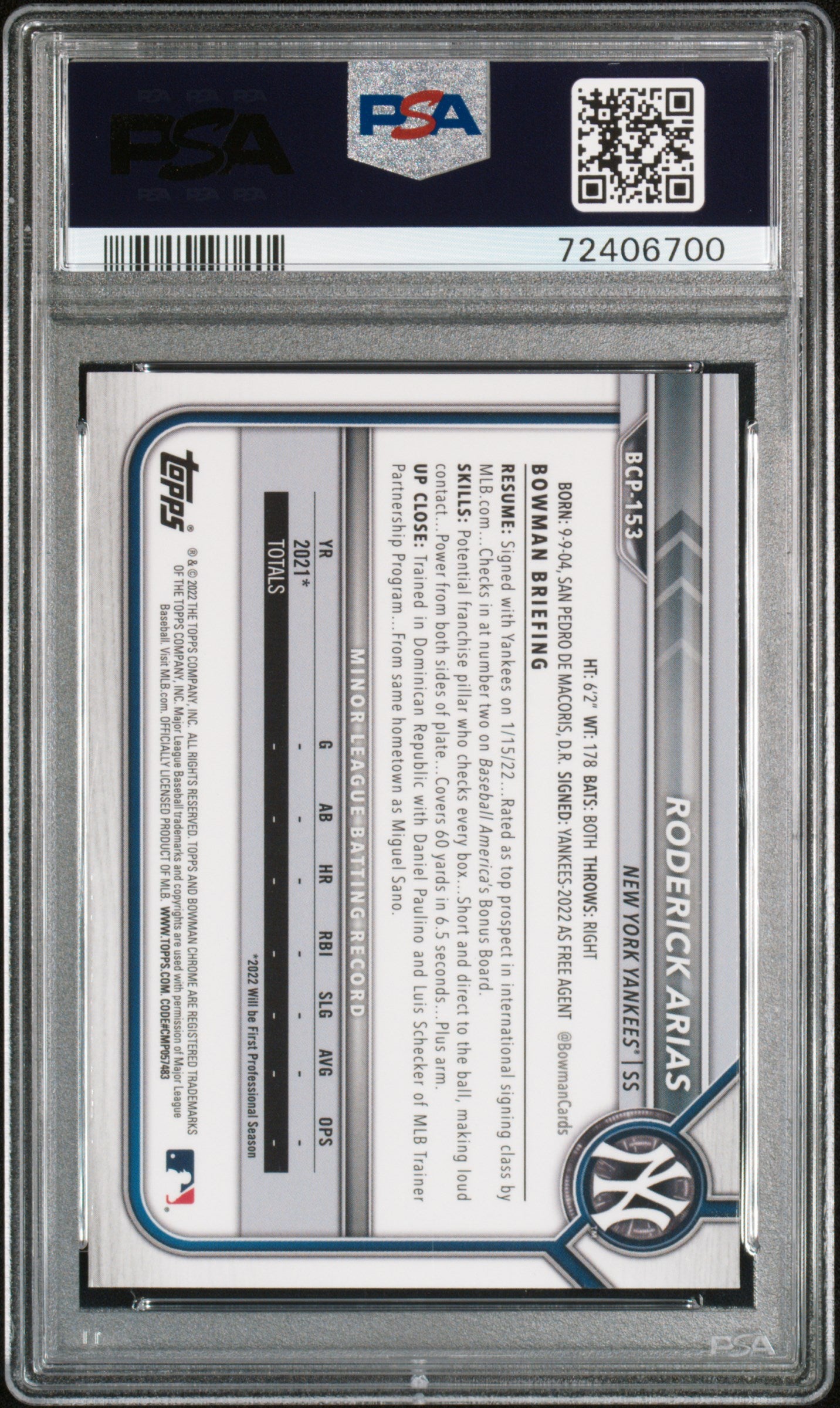 2022 Bowman Chrome Sapphire Roderick Arias #BCP153 PSA 10