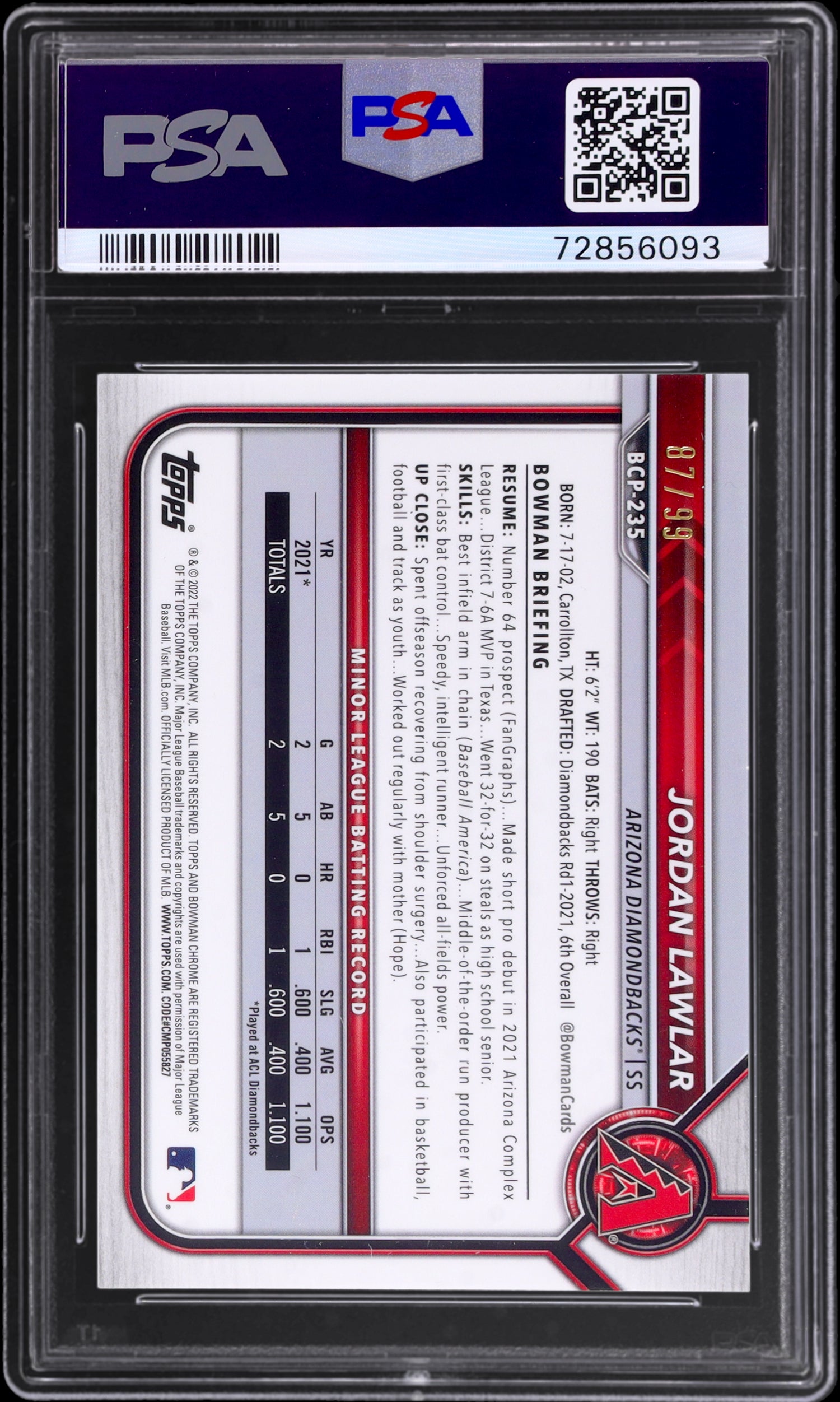 2022 Bowman Chrome Green Refractor Jordan Lawlar #BCP235 /99 PSA 10