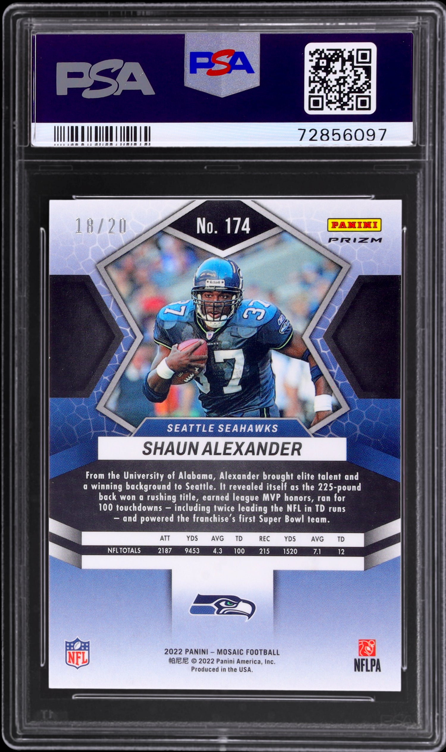 2022 Panini Mosaic No Huddle Pink Shaun Alexander #174 /20 PSA 10
