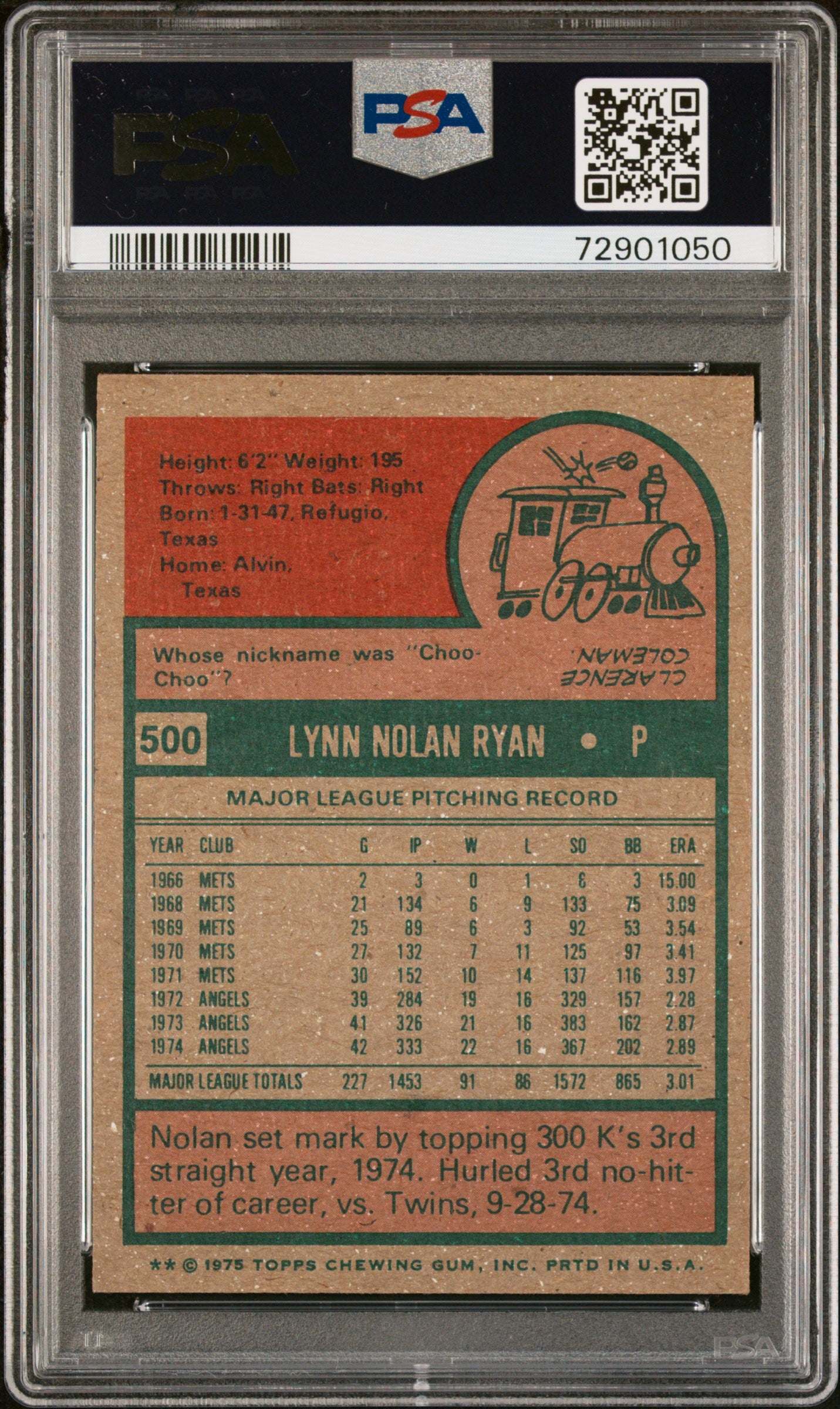 1975 Topps #500 Nolan Ryan PSA 4
