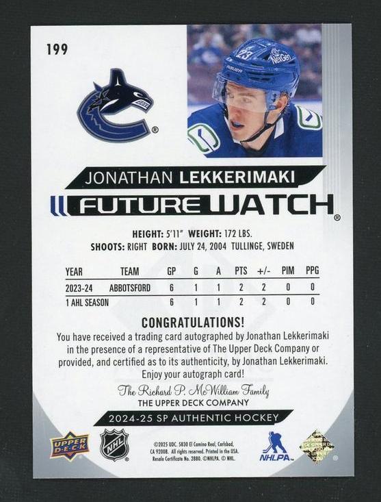 2024 Upper Deck SP Authentic 199 Jonathan Lekkerimaki Future Watch /999 Canucks Auto