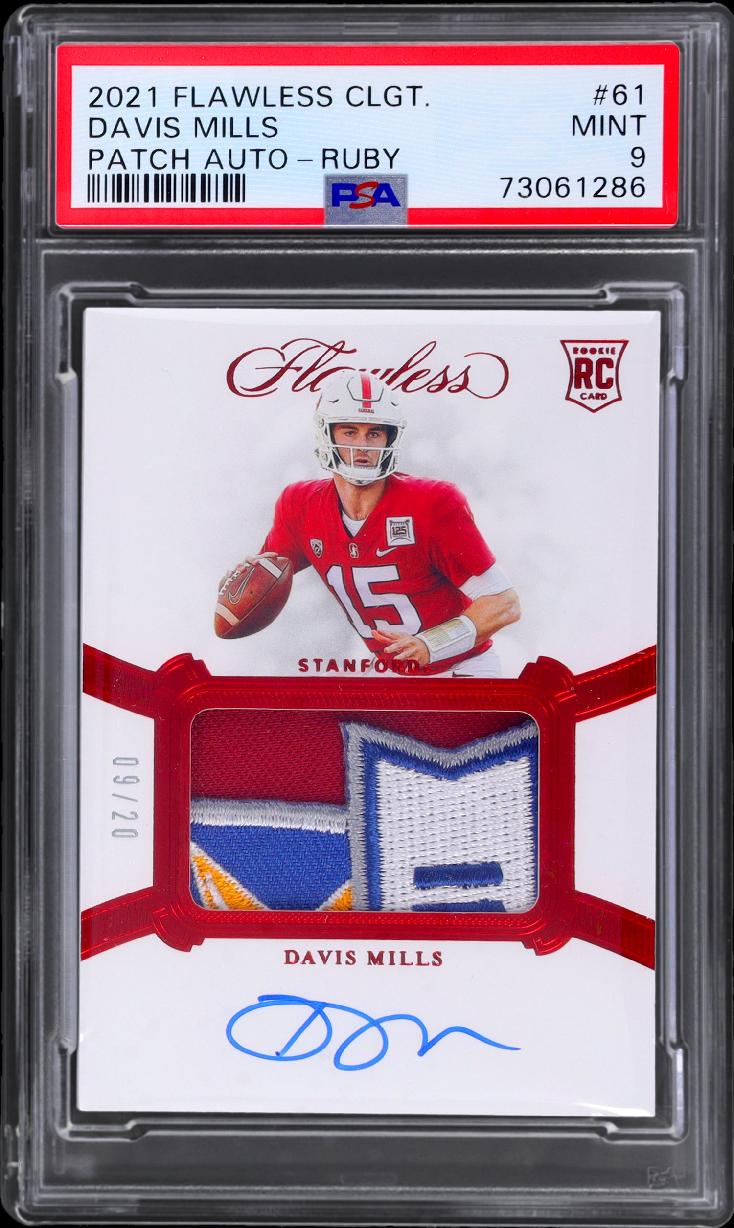 2021 Panini Flawless Ruby Davis Mills #61 RC Patch Auto /20 PSA 9