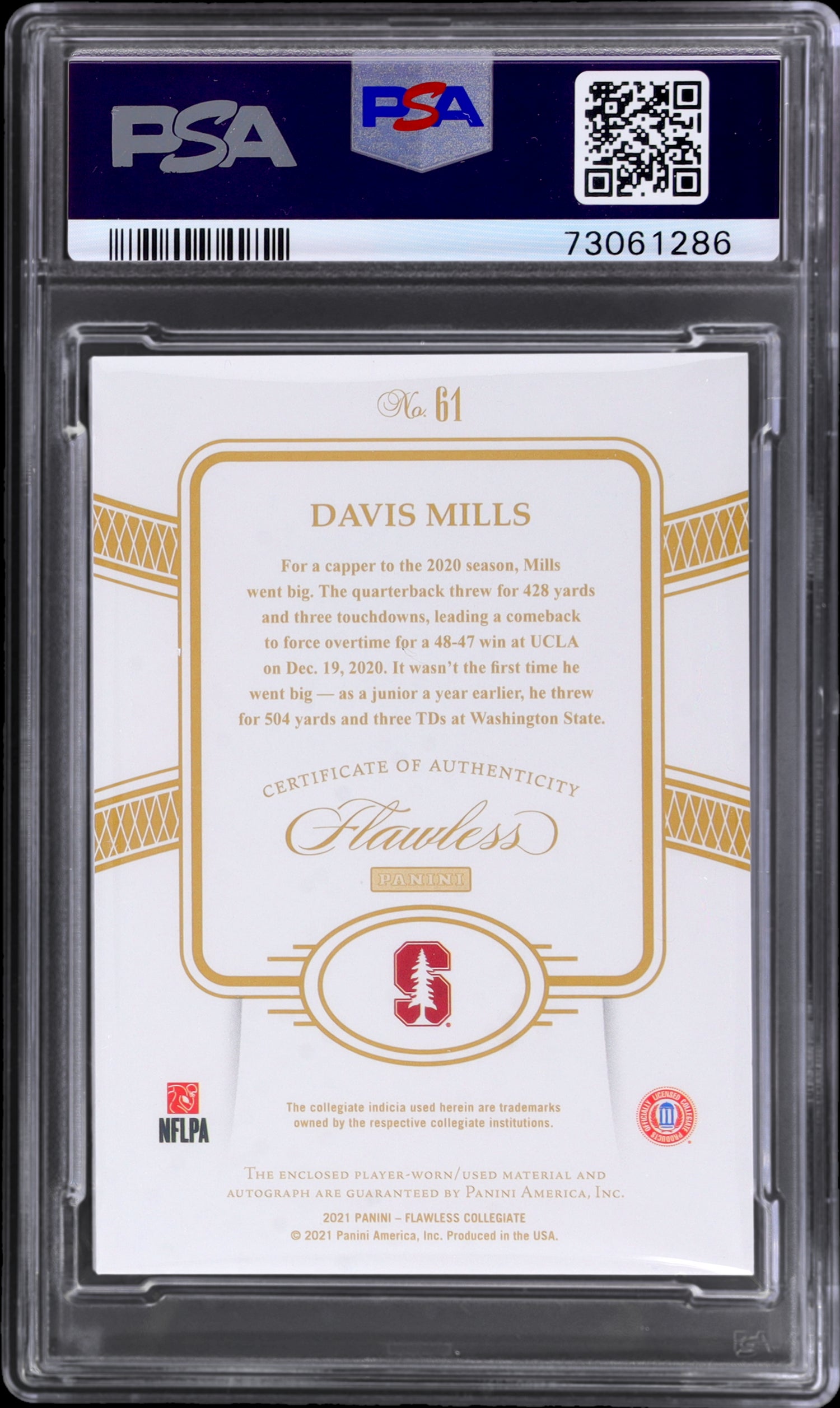 2021 Panini Flawless Ruby Davis Mills #61 RC Patch Auto /20 PSA 9