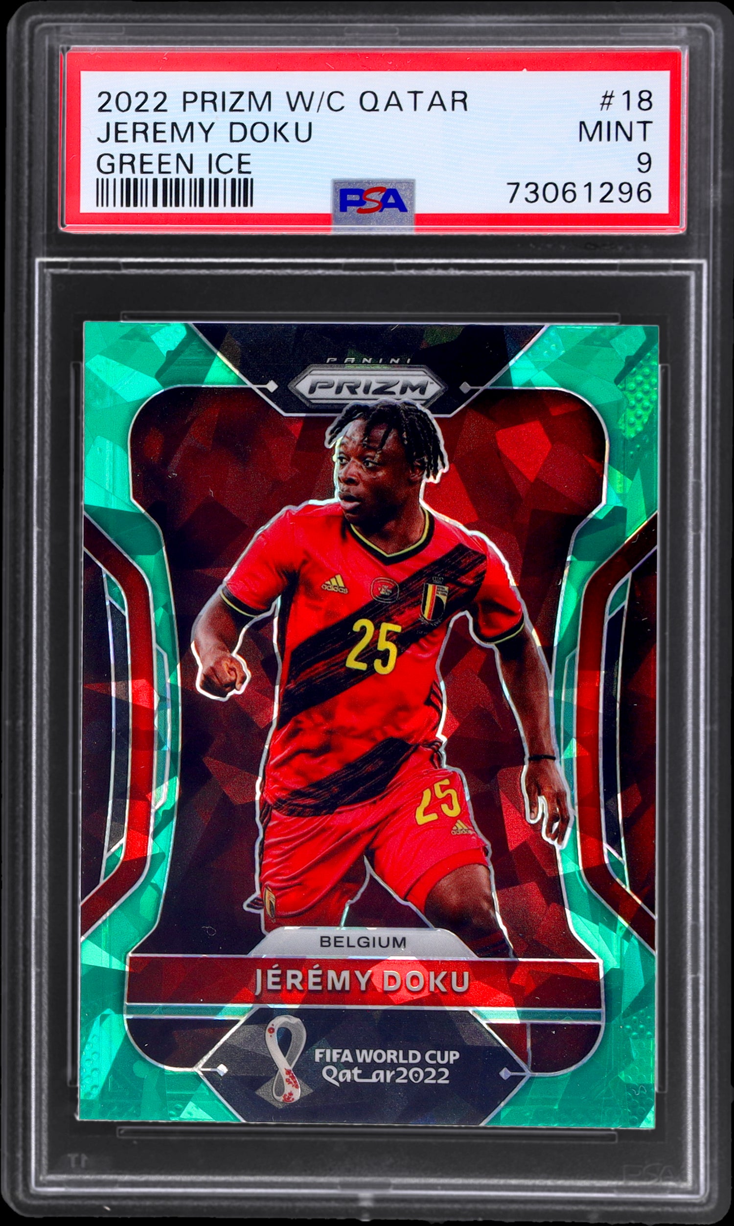 2022 Panini Prizm Green Ice Jérémy Doku #18 PSA 9