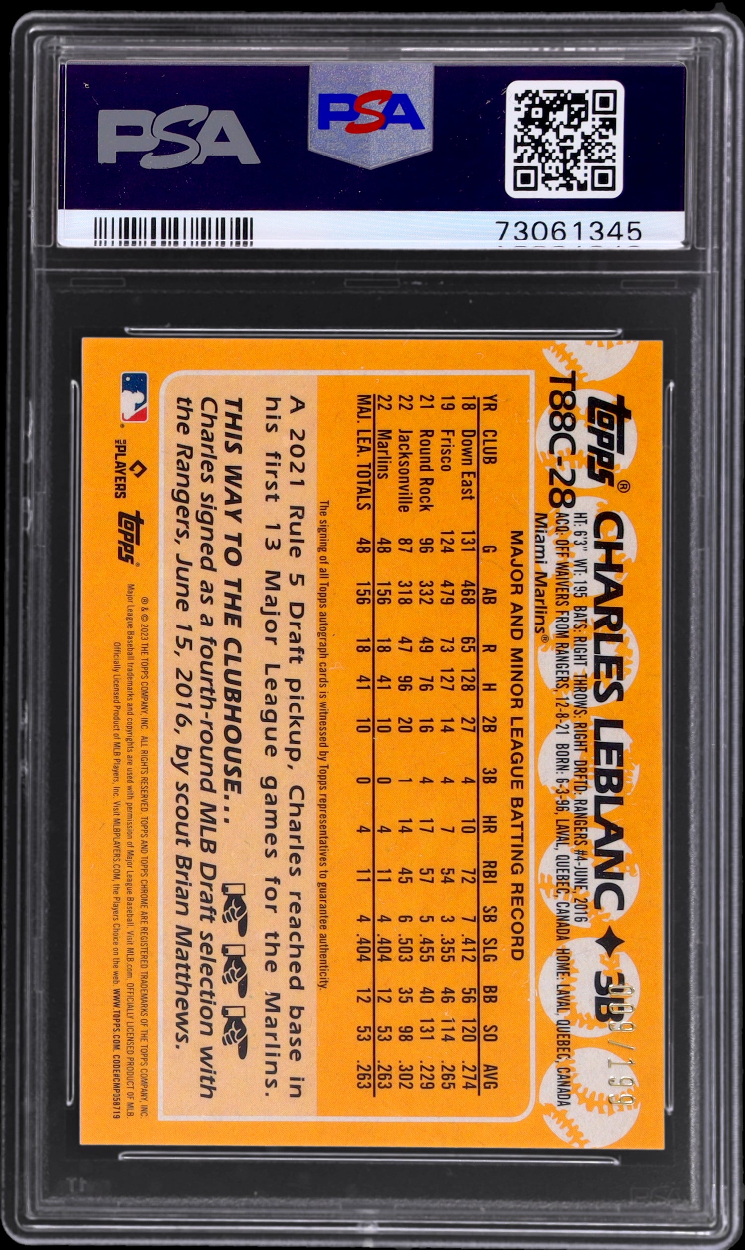 2023 Topps Silver Pack Charles Leblanc #T88C28 RC Auto /199 PSA 10
