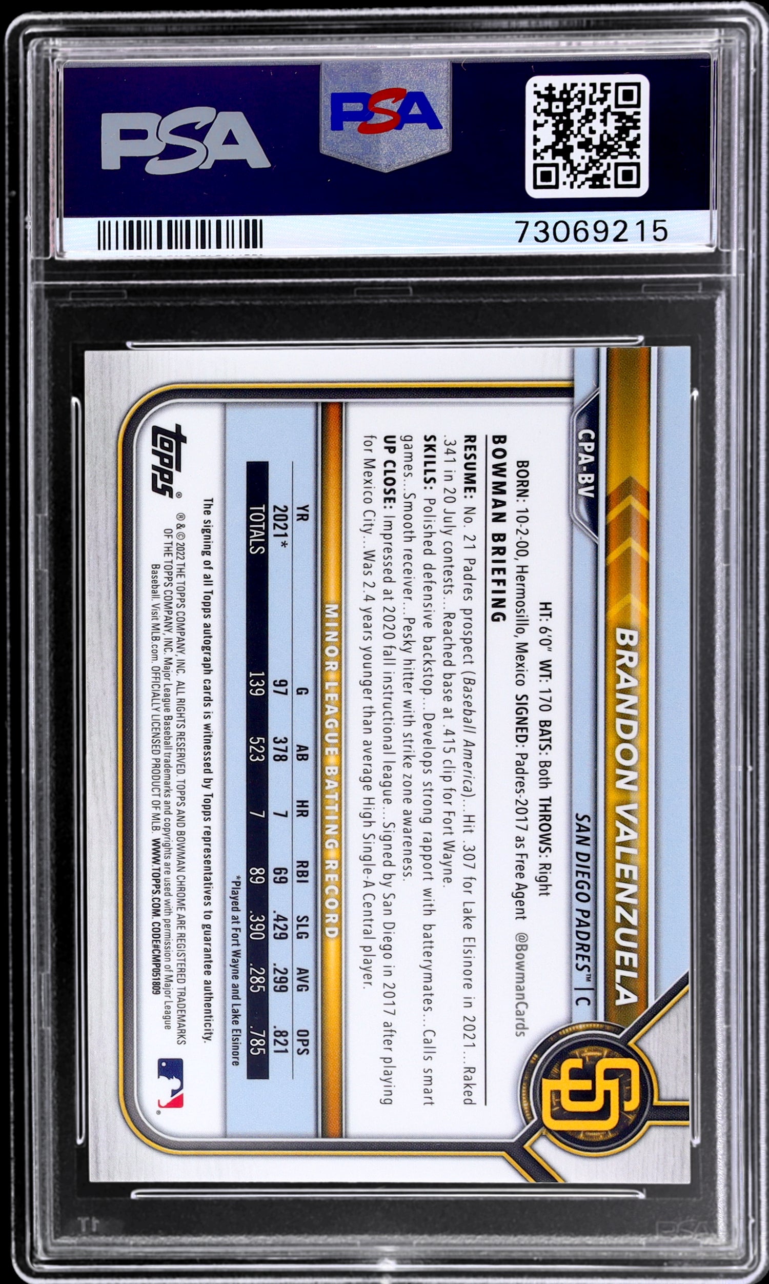 2022 Bowman Chrome Yellow Brandon Valenzuela #CPA-BV Auto /75 PSA 9