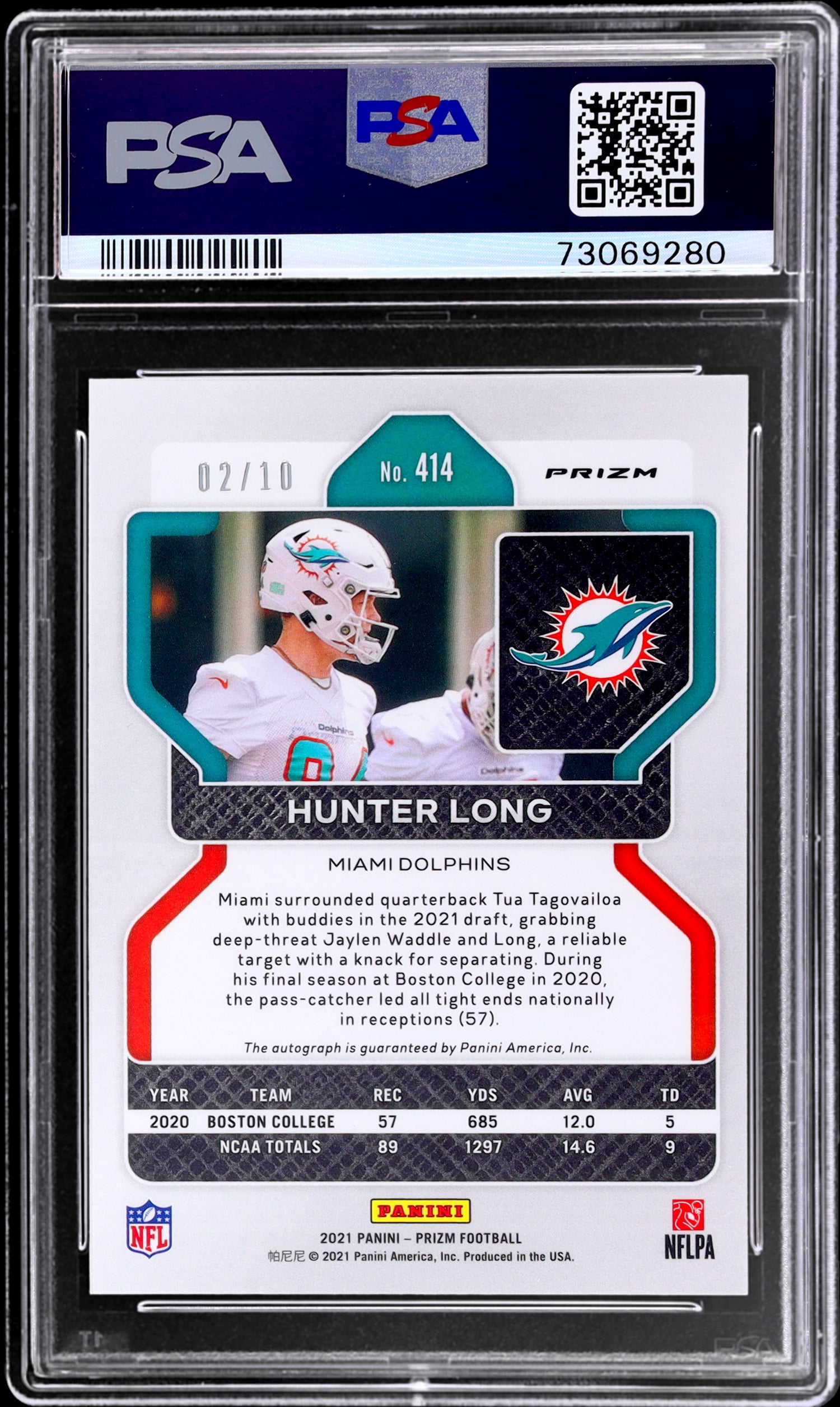 2021 Prizm No Huddle Gold Hunter Long #414 RC Auto /10 PSA 9