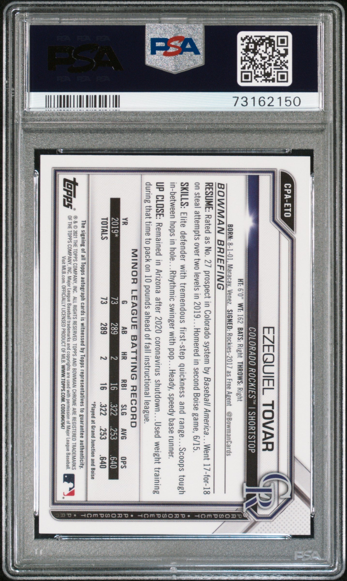 2021 Bowman Chrome Prospect Autographs Ezequiel Tovar #CPA-ETO Auto PSA 10