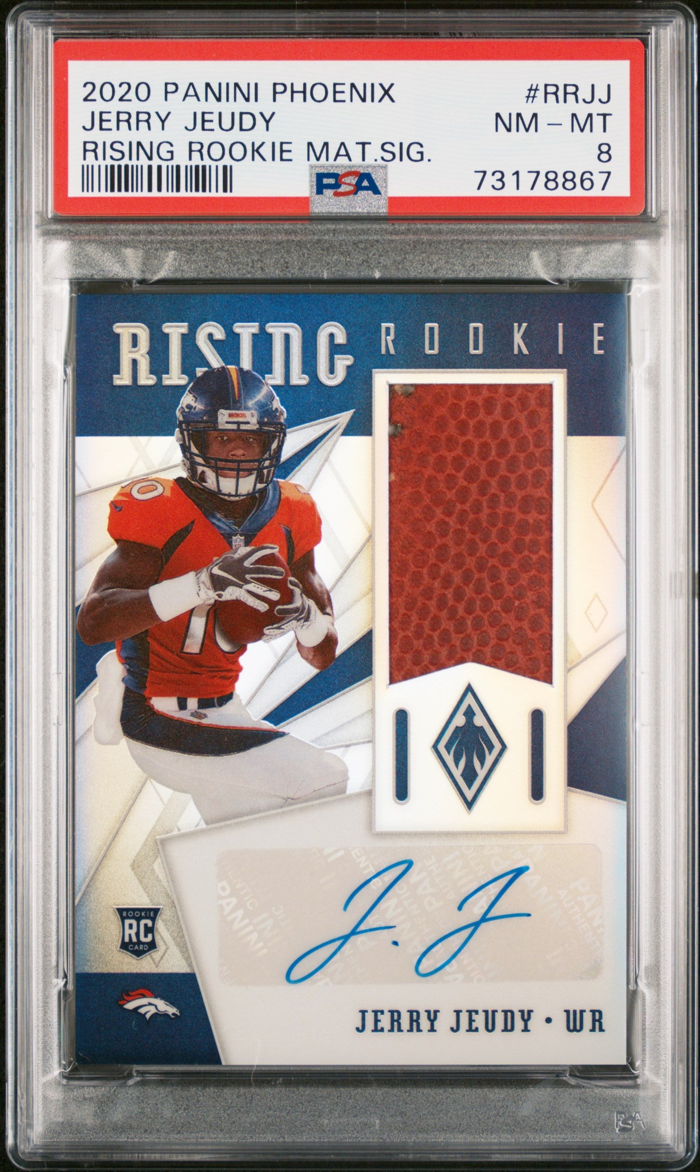 2020 Panini Phoenix Rising Rookie Jerry Jeudy #RR-JJ RC Patch Auto /75 PSA 8
