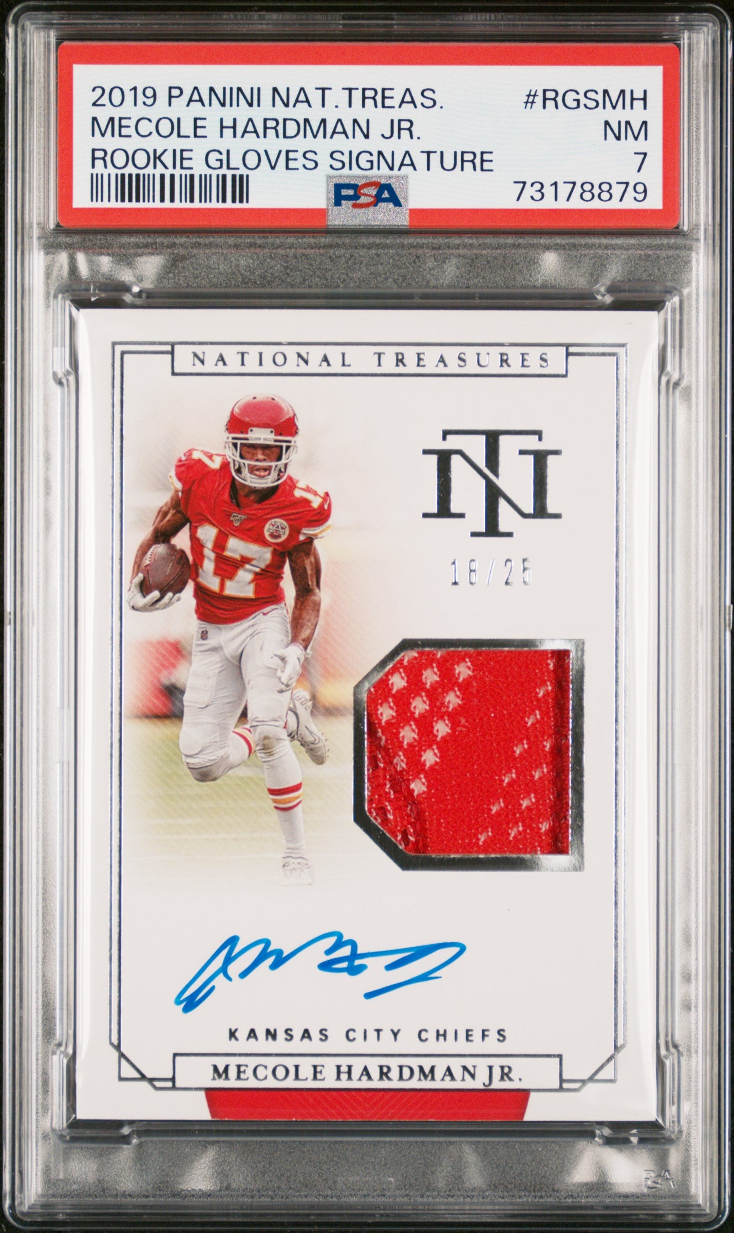 2019 National Treasures Mecole Hardman Jr. Rookie Gloves Signature /25 PSA 7