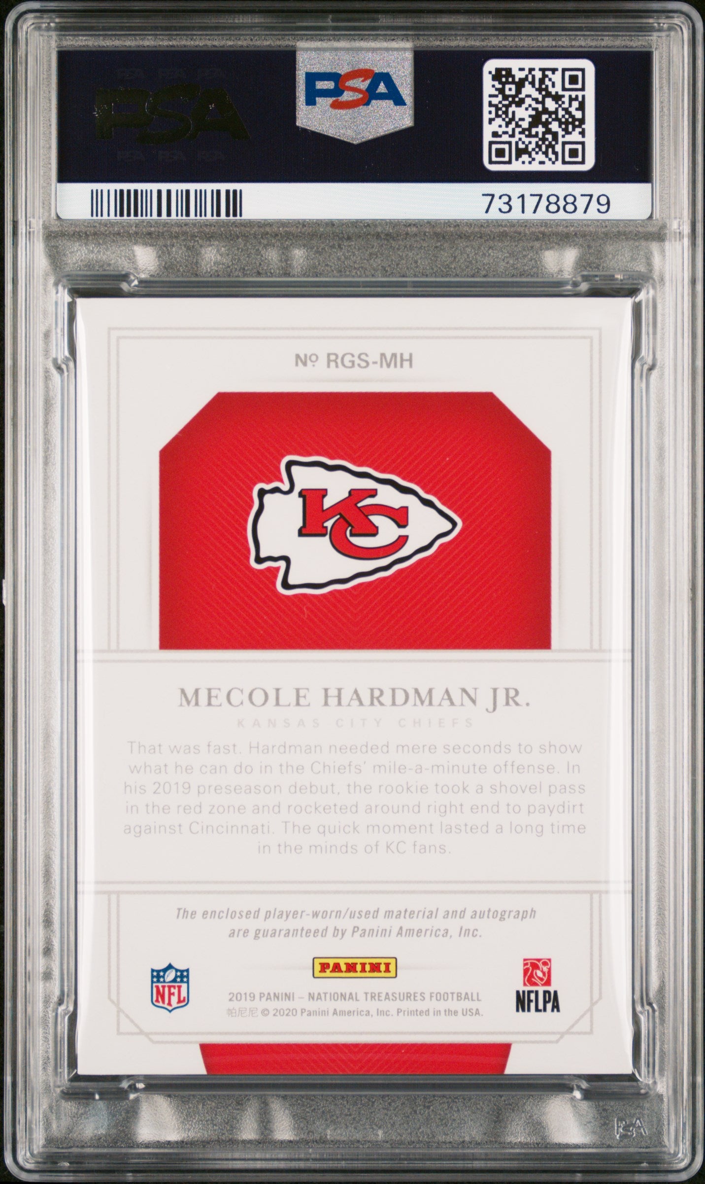 2019 National Treasures Mecole Hardman Jr. Rookie Gloves Signature /25 PSA 7