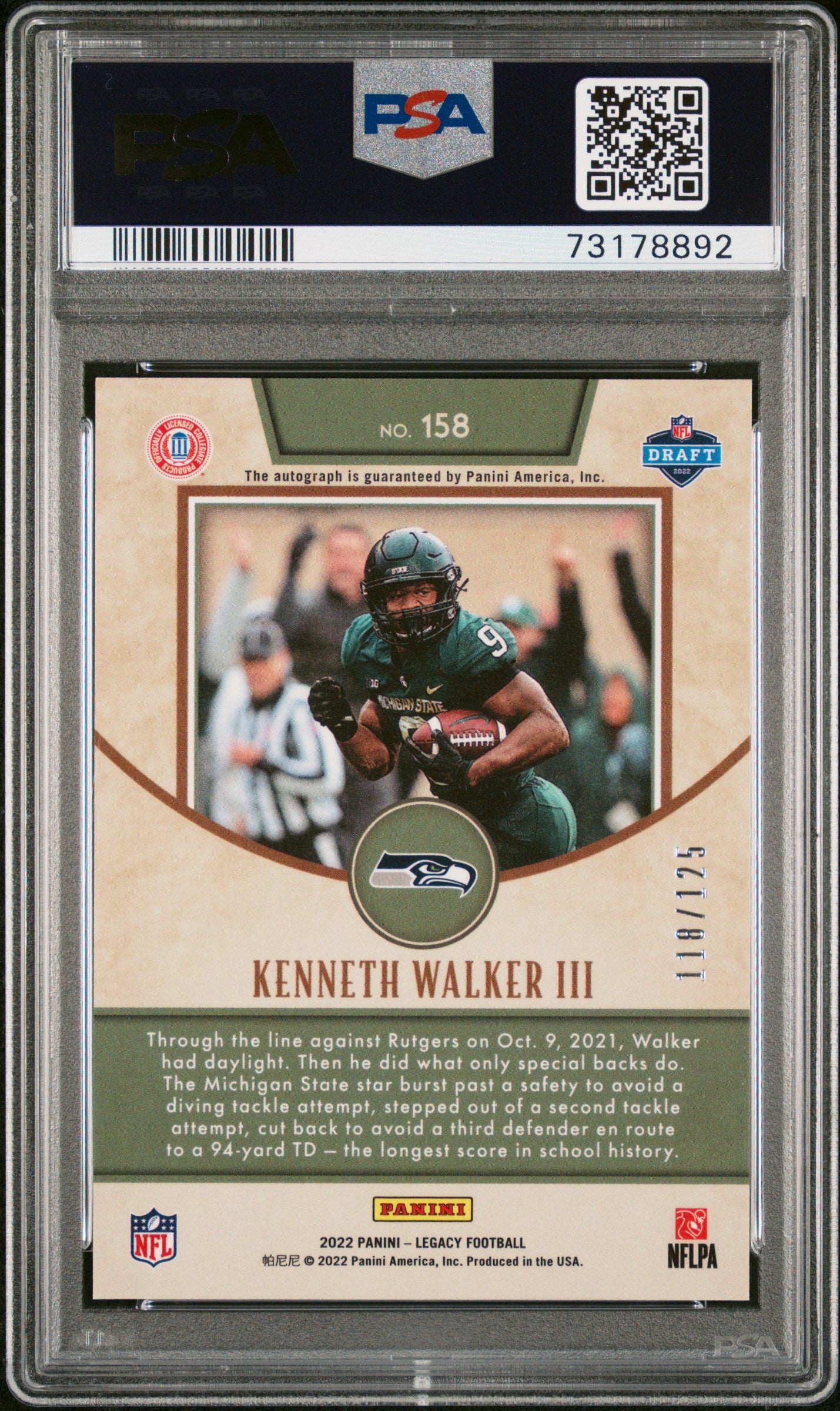 2022 Legacy #158 Kenneth Walker III Prem. Penmanship /149 PSA 10