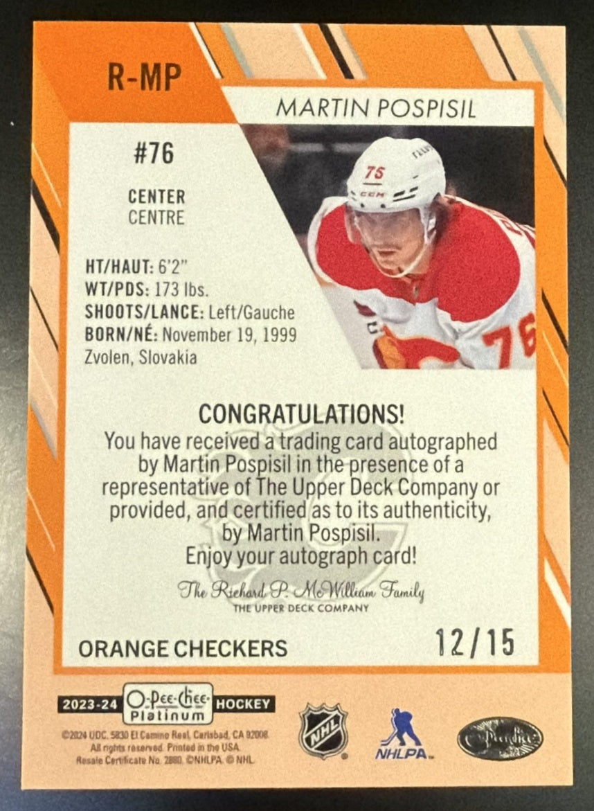 2023 O-Pee-Chee Platinum Martin Pospisil Rookie Auto Orange Checkers /15 RC