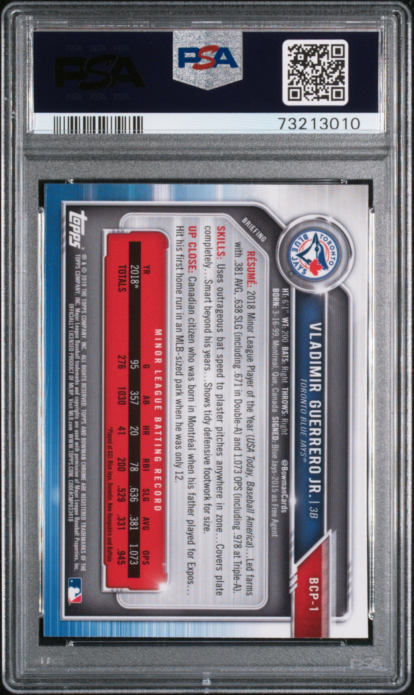 2019 Bowman Mega Box Chrome Mojo Refractor Vladimir Guerrero Jr. #BCP-1 PSA 10